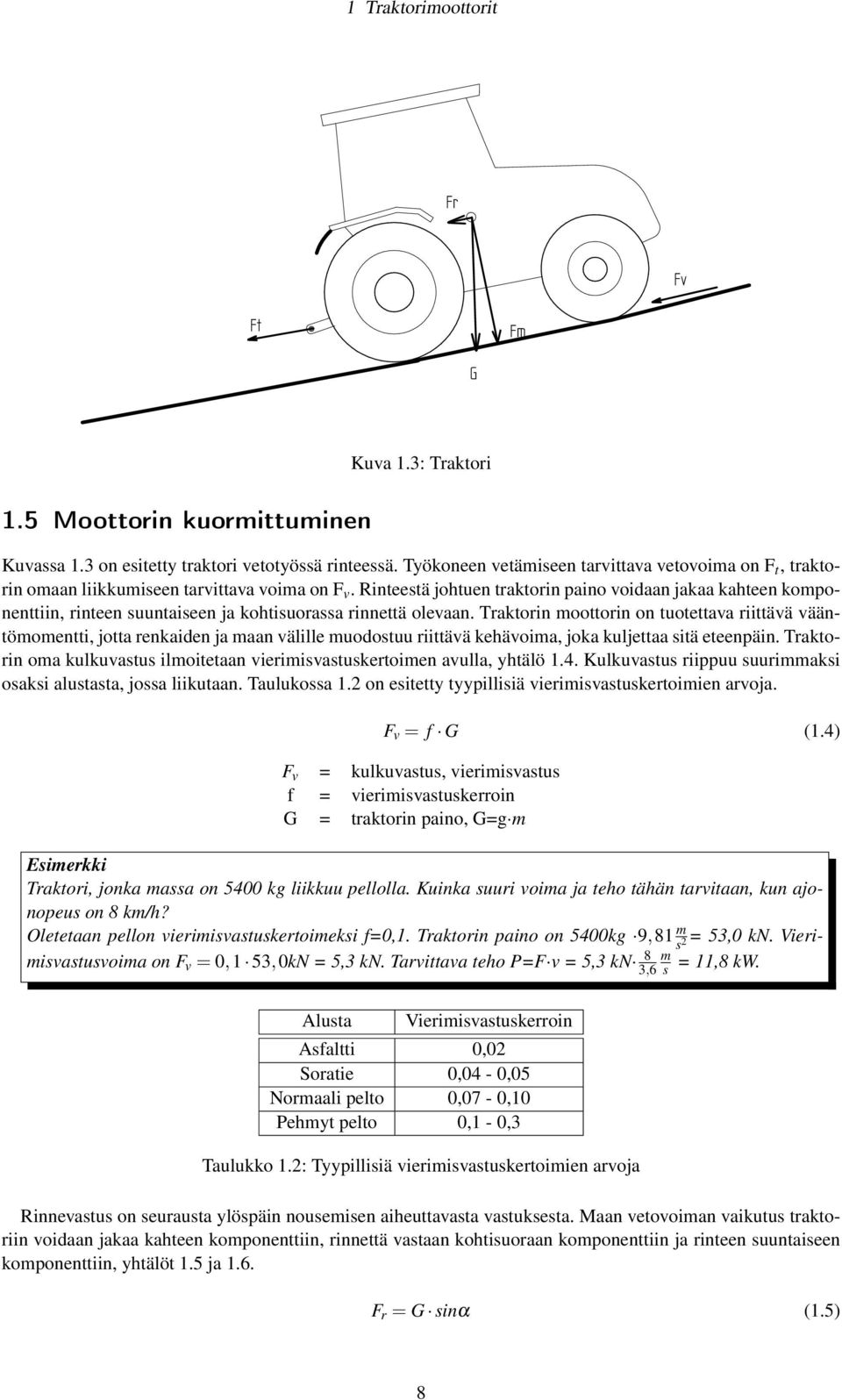 Rinteestä johtuen traktorin paino voidaan jakaa kahteen komponenttiin, rinteen suuntaiseen ja kohtisuorassa rinnettä olevaan.