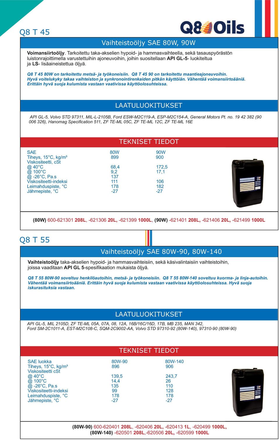 Q8 T 45 80W on tarkoitettu metsä- ja työkoneisiin. Q8 T 45 90 on tarkoitettu maantieajoneuvoihin. Hyvä voitelukyky takaa vaihteiston ja synkronointirenkaiden pitkän käyttöiän.