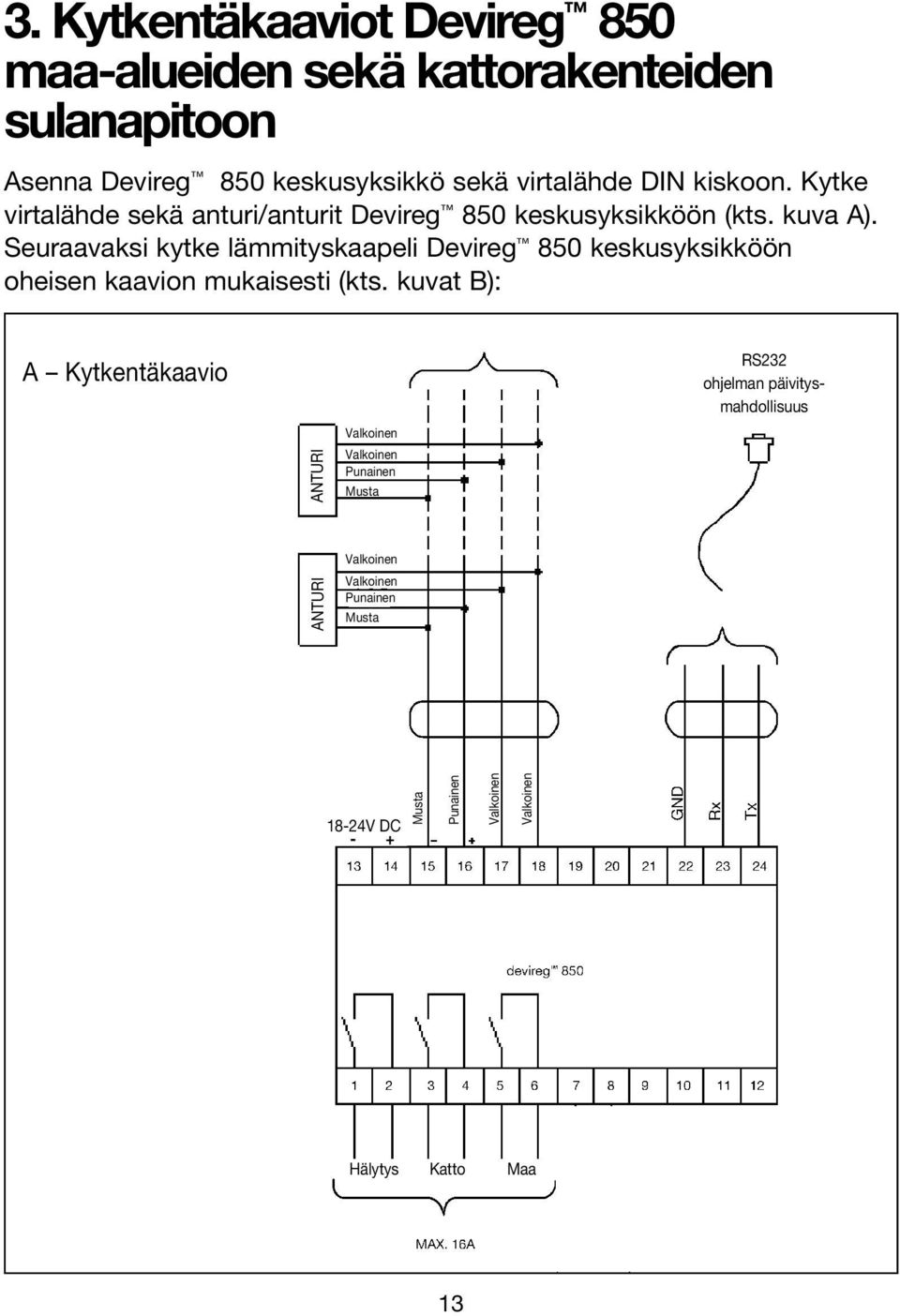 kuvat B): Dansk A Kytkentäkaavio RS232 ohjelman päivitysmahdollisuus Valkoinen ANTURI ANTURI Valkoinen Punainen Musta Valkoinen Valkoinen Punainen Musta Norsk 18-24V DC - + Musta