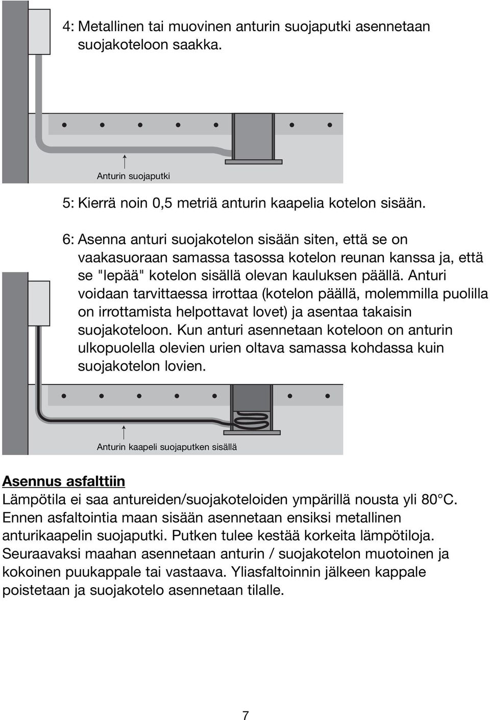 Anturi voidaan tarvittaessa irrottaa (kotelon päällä, molemmilla puolilla on irrottamista helpottavat lovet) ja asentaa takaisin suojakoteloon.