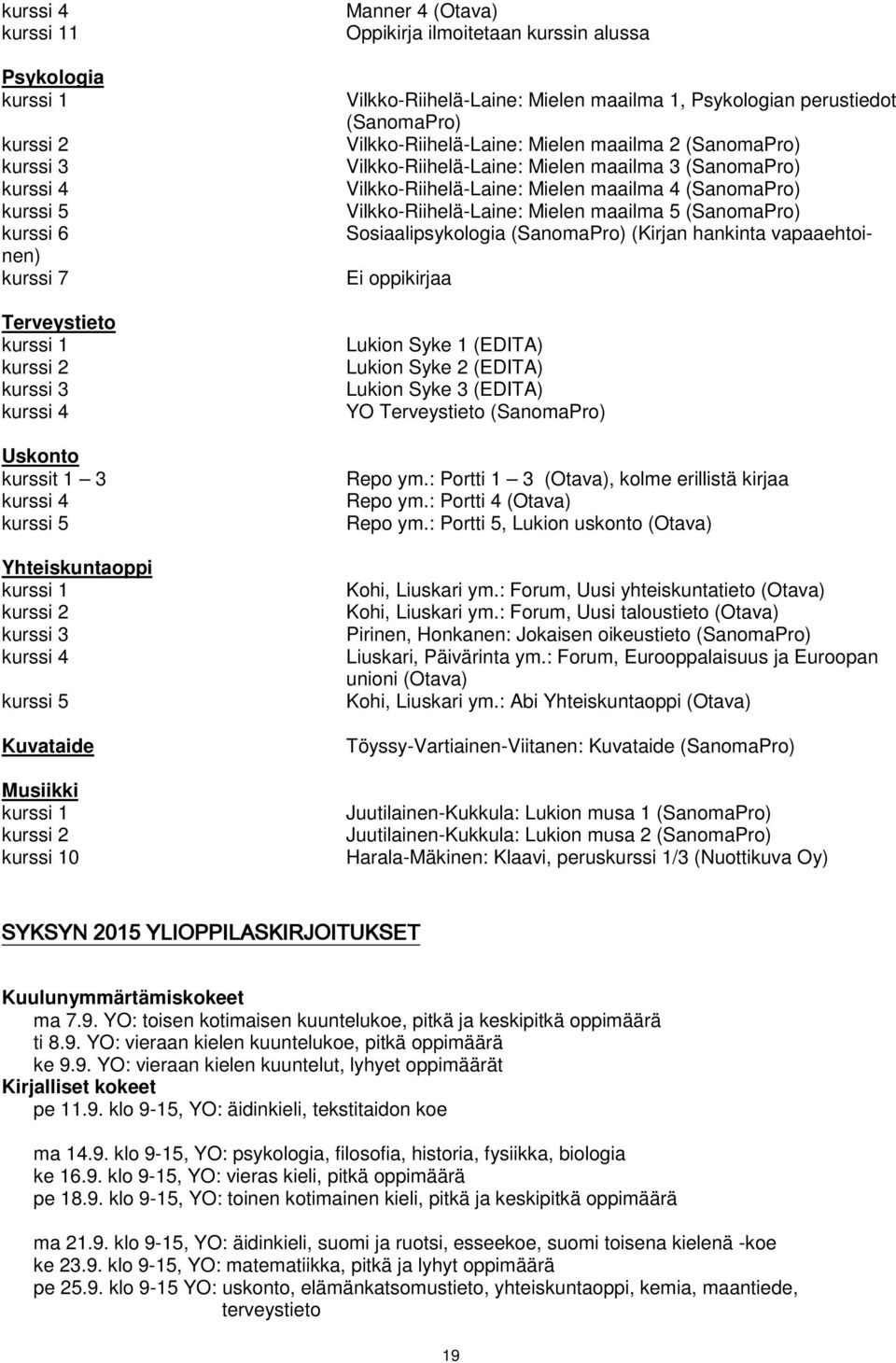 (SanomaPro) (Kirjan hankinta vapaaehtoi- Ei oppikirjaa Lukion Syke 1 (EDITA) Lukion Syke 2 (EDITA) Lukion Syke 3 (EDITA) YO Terveystieto (SanomaPro) Repo ym.