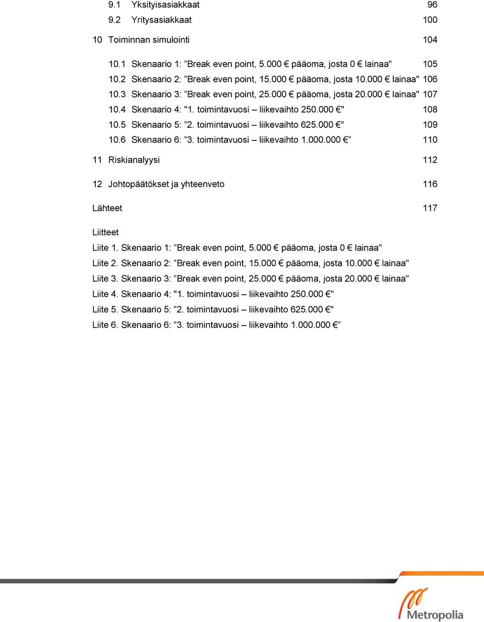 toimintavuosi liikevaihto 625.000 " 109 10.6 Skenaario 6: 3. toimintavuosi liikevaihto 1.000.000 110 11 Riskianalyysi 112 12 Johtopäätökset ja yhteenveto 116 Lähteet 117 Liitteet Liite 1.