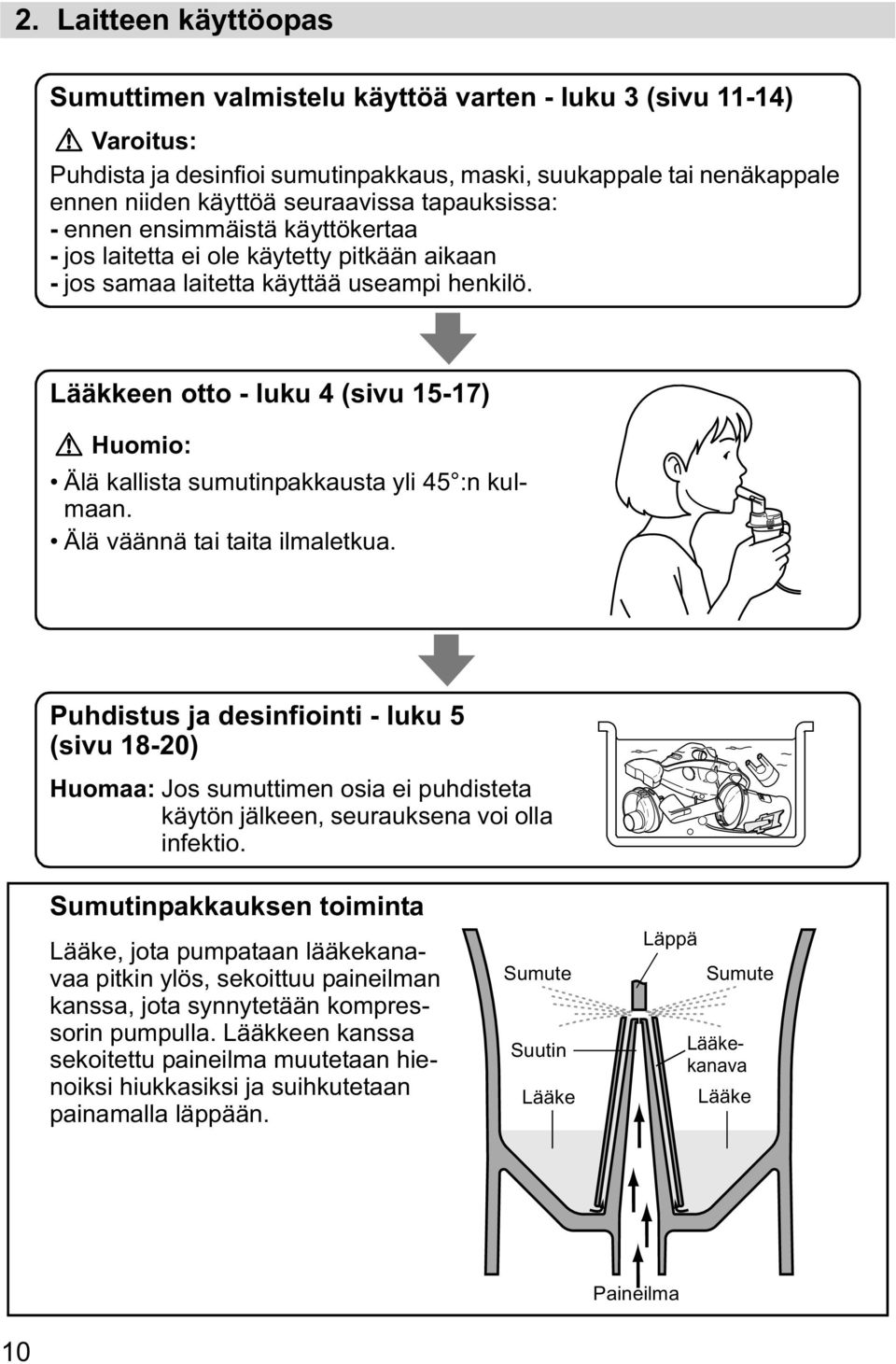 tapauksissa: - ennen ensimmäistä käyttökertaa - jos laitetta ei ole käytetty pitkään aikaan - jos samaa laitetta käyttää useampi henkilö.