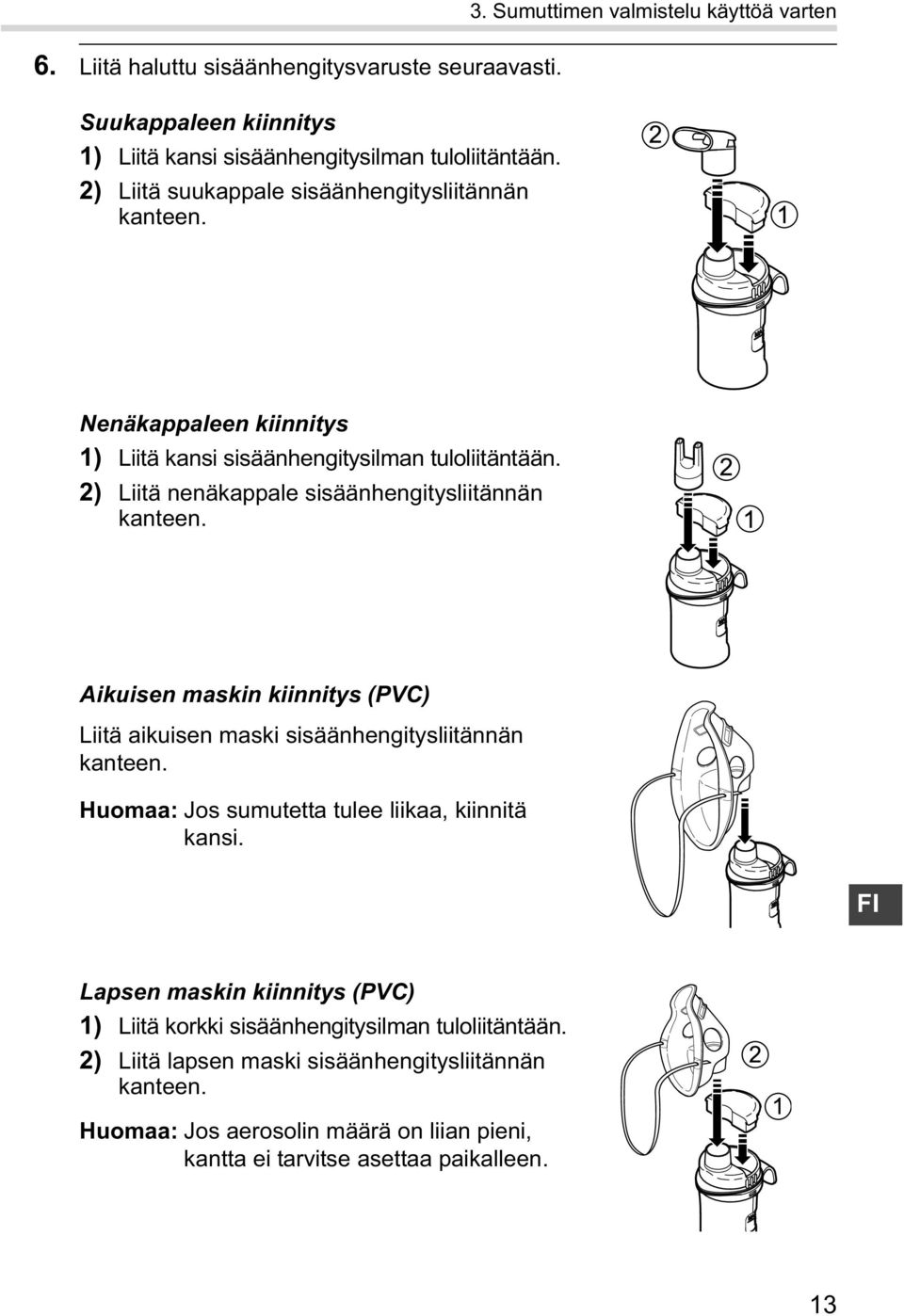 Aikuisen maskin kiinnitys (PVC) Liitä aikuisen maski sisäänhengitysliitännän kanteen. Huomaa: Jos sumutetta tulee liikaa, kiinnitä kansi.