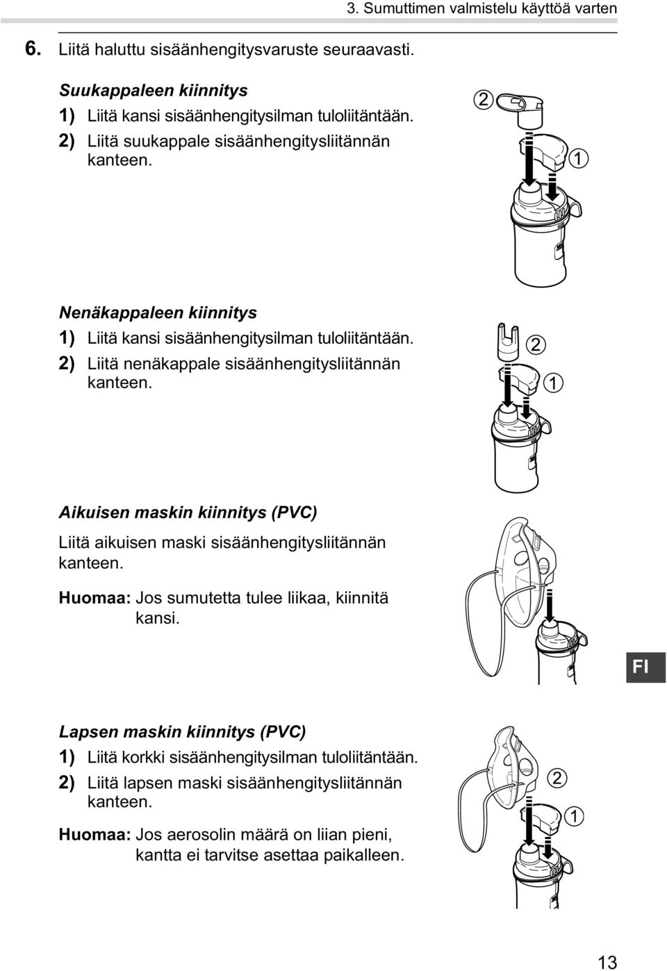 Aikuisen maskin kiinnitys (PVC) Liitä aikuisen maski sisäänhengitysliitännän kanteen. Huomaa: Jos sumutetta tulee liikaa, kiinnitä kansi.