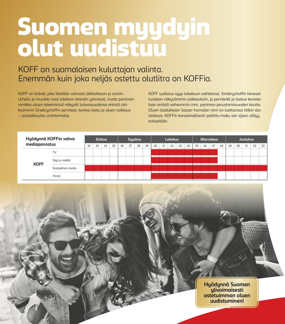 sosiaalisuutta unohtamatta. KOFF uudistuu syys-lokakuun vaihteessa. Sinebrychoffin hevoset tuodaan näkyvämmin pakkauksiin, ja perinteitä ja laatua korostetaan entistä vahvemmin mm.