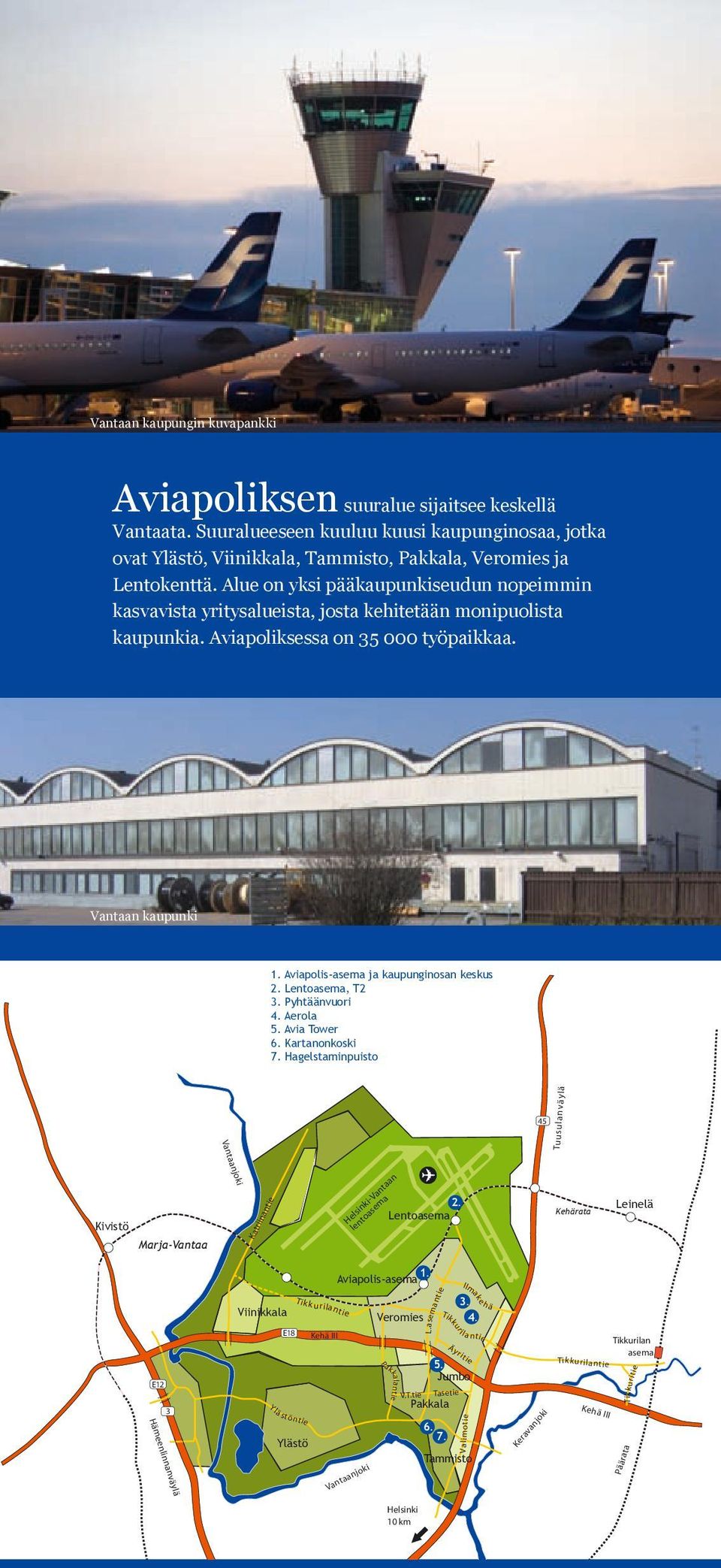 Aviapolis-asema ja kaupunginosan keskus 2. Lentoasema, T2 3. Pyhtäänvuori 4. Aerola 5. Avia Tower 6. Kartanonkoski 7.