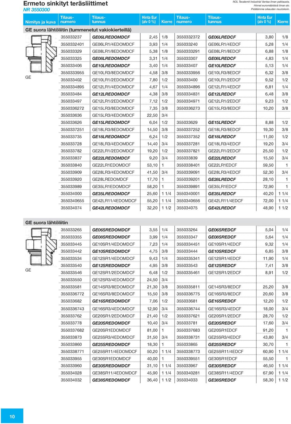 4,83 1/4 355033406 GE10LREDOMDCF 3,40 1/4 355033407 GE10LREDCF 5,13 1/4 3550333955 GE10LR3/8EDOMDCF 4,58 3/8 3550333956 GE10LR3/8EDCF 6,32 3/8 355033402 GE10LR1/2EDOMDCF 7,80 1/2 355033400