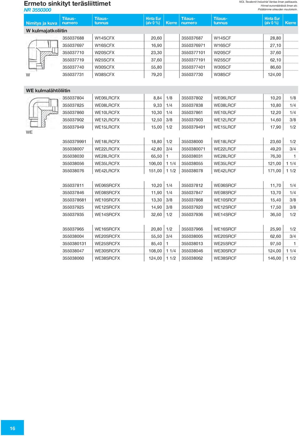 79,20 355037730 W38SCF 124,00 Kierre WE kulmalähtöliitin 355037804 WE06LRCFX 8,84 1/8 355037802 WE06LRCF 10,20 1/8 355037825 WE08LRCFX 9,33 1/4 355037838 WE08LRCF 10,80 1/4 355037860 WE10LRCFX 10,30