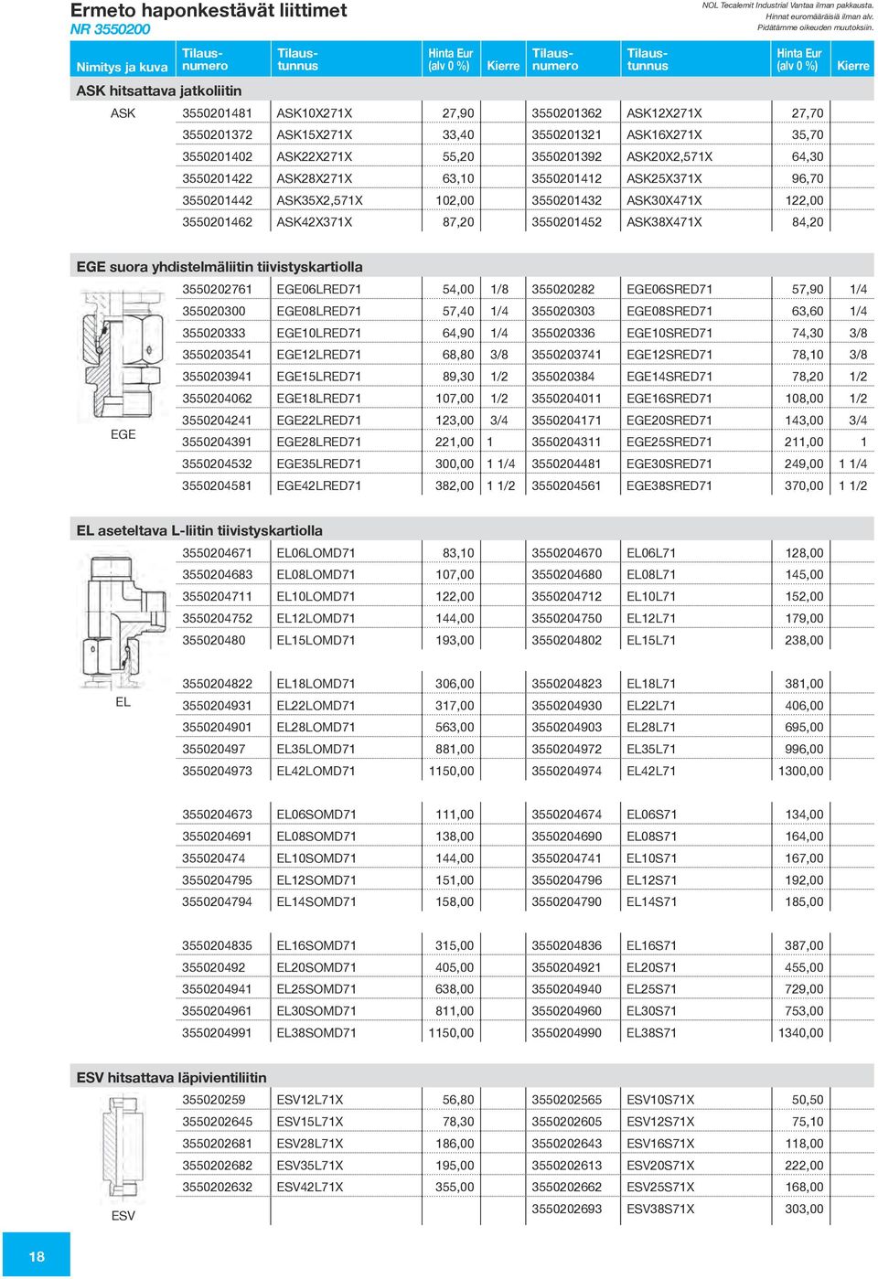 102,00 3550201432 ASK30X471X 122,00 3550201462 ASK42X371X 87,20 3550201452 ASK38X471X 84,20 Kierre EGE suora yhdistelmäliitin tiivistyskartiolla 3550202761 EGE06LRED71 54,00 1/8 355020282 EGE06SRED71