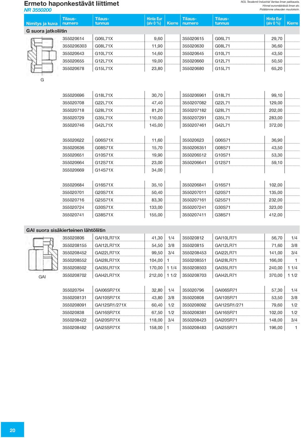 G18L71X 30,70 3550206961 G18L71 99,10 355020708 G22L71X 47,40 3550207082 G22L71 129,00 355020718 G28L71X 81,20 3550207182 G28L71 202,00 355020729 G35L71X 110,00 3550207291 G35L71 283,00 355020746