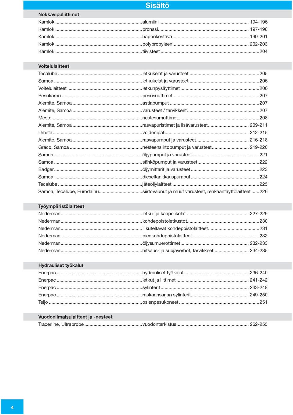 ..astiapumput...207 Alemite, Samoa...varusteet / tarvikkeet...207 Mesto...nestesumuttimet...208 Alemite, Samoa...rasvapuristimet ja lisävarusteet... 209-211 Umeta...voidenipat... 212-215 Alemite, Samoa.