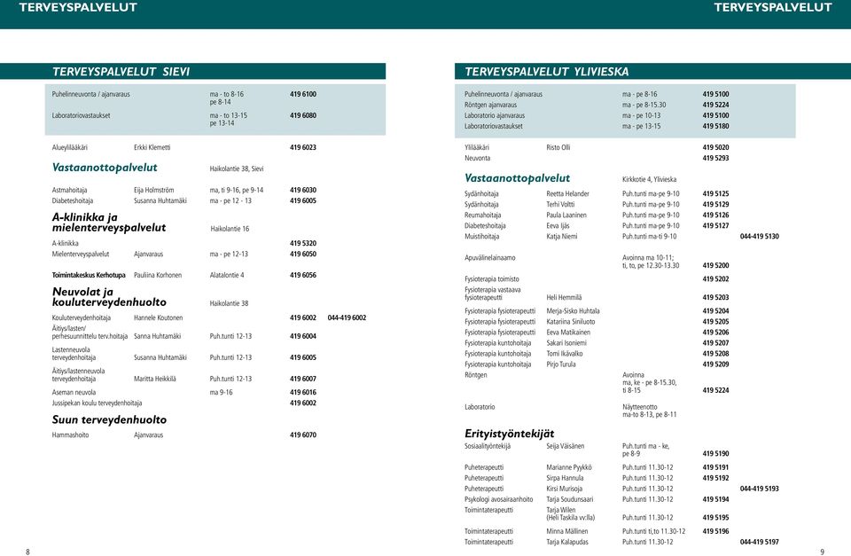 30 419 5224 Laboratorio ajanvaraus ma - pe 10-13 419 5100 Laboratoriovastaukset ma - pe 13-15 419 5180 Alueylilääkäri Erkki Klemetti 419 6023 Vastaanottopalvelut Haikolantie 38, Sievi Astmahoitaja