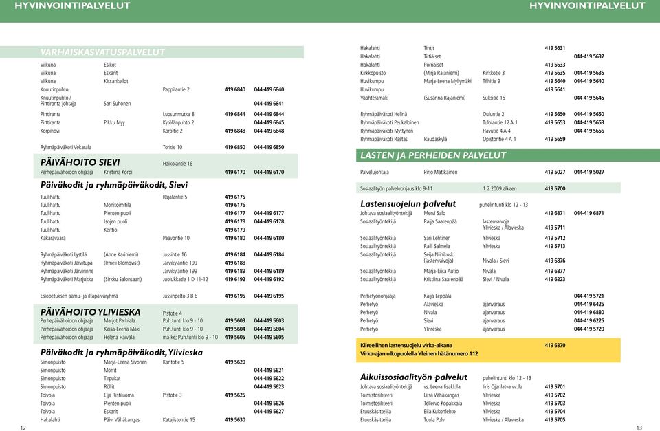 10 419 6850 044-419 6850 PÄIVÄHOITO SIEVI Haikolantie 16 Perhepäivähoidon ohjaaja Kristiina Korpi 419 6170 044-419 6170 Päiväkodit ja ryhmäpäiväkodit, Sievi Tuulihattu Rajalantie 5 419 6175