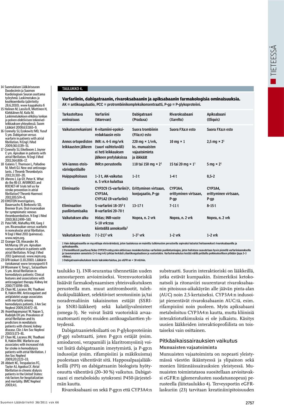 16 Connolly SJ, Ezekowitz MD, Yusuf S ym. Dabigatran versus warfarin in patients with atrial fibrillation. N Engl J Med 2009;361:1139 51. 17 Connolly SJ, Eikelboom J, Joyner C ym.