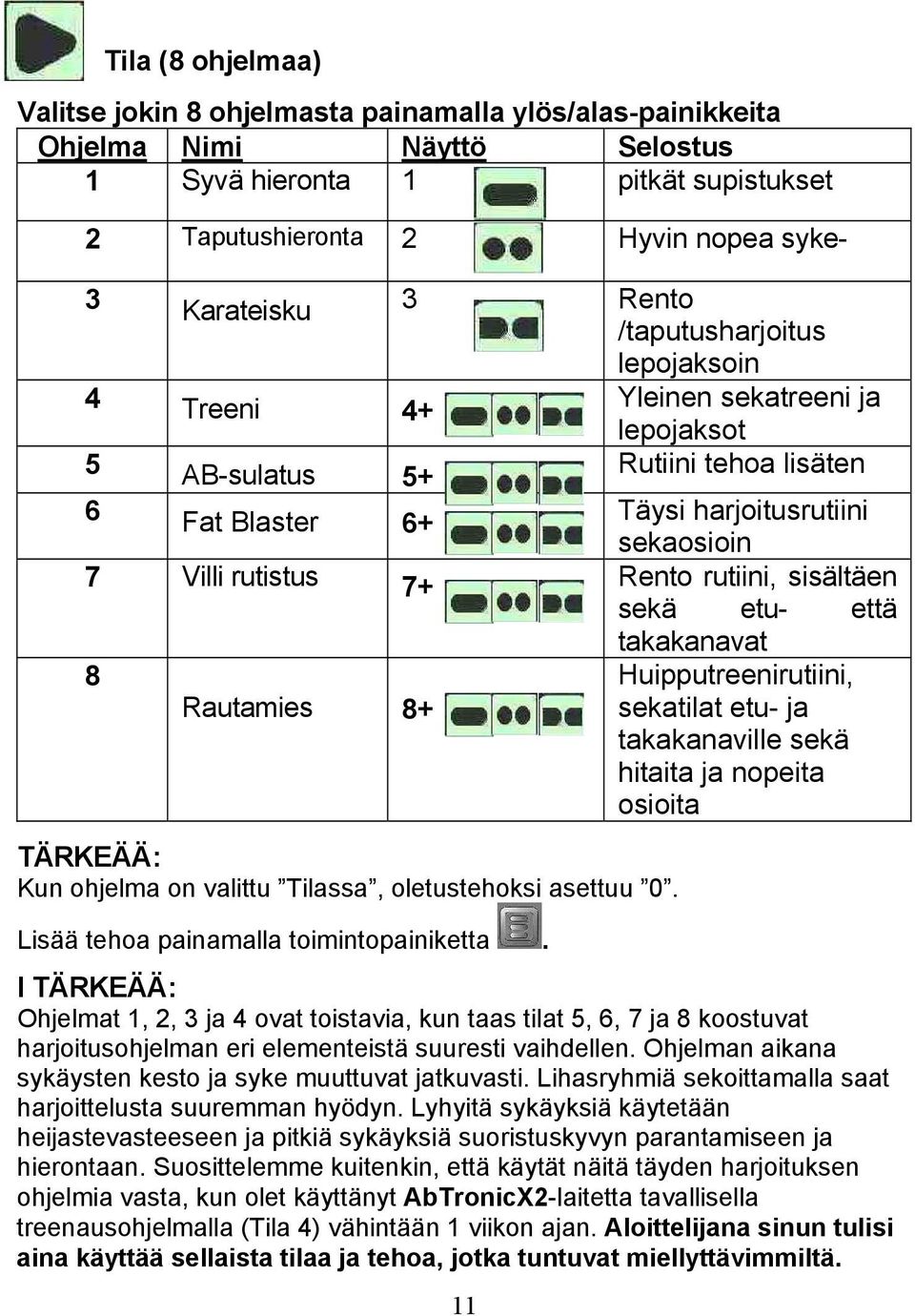 rutiini, sisältäen sekä etu- että takakanavat 8 Rautamies 8+ TÄRKEÄÄ: Kun ohjelma on valittu Tilassa, oletustehoksi asettuu 0. Lisää tehoa painamalla toimintopainiketta.