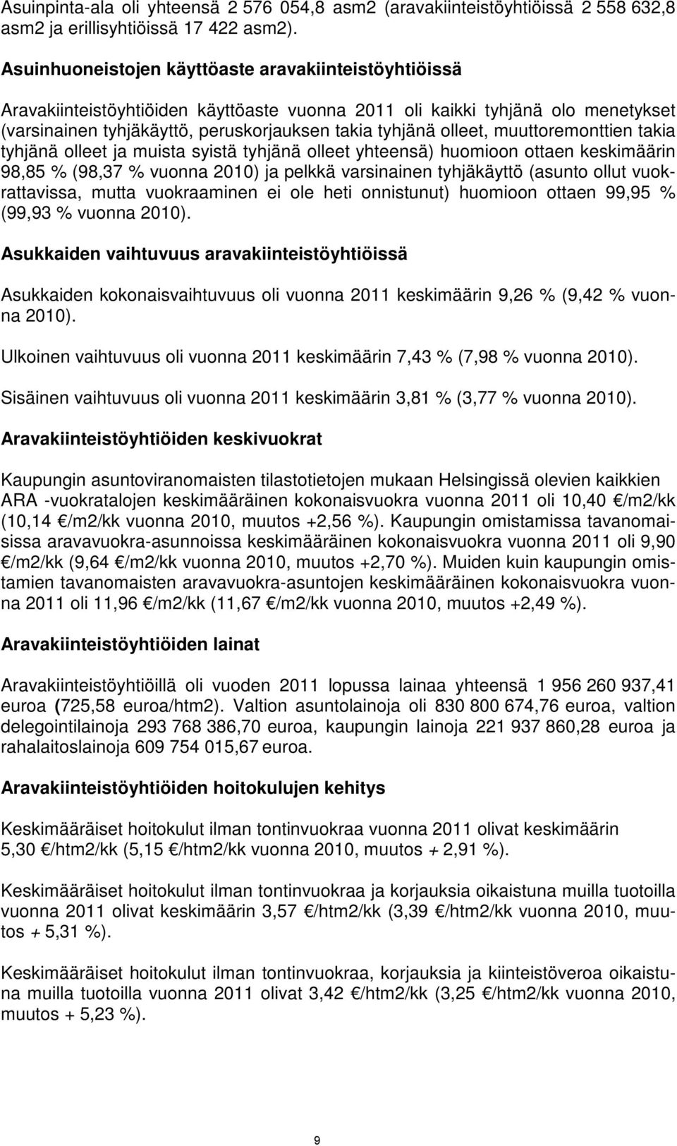 muuttoremonttien takia tyhjänä olleet ja muista syistä tyhjänä olleet yhteensä) huomioon ottaen keskimäärin 98,85 % (98,37 % vuonna 2010) ja pelkkä varsinainen tyhjäkäyttö (asunto ollut