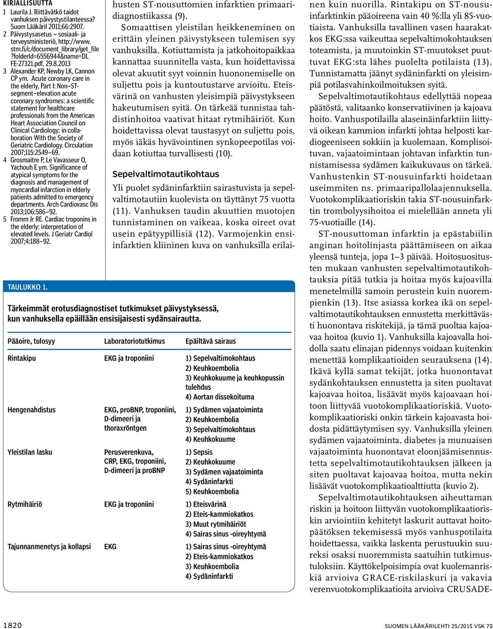 Acute coronary care in the elderly, Part I: Non STsegment elevation acute coronary syndromes: a scientific statement for healthcare professionals from the American Heart Association Council on