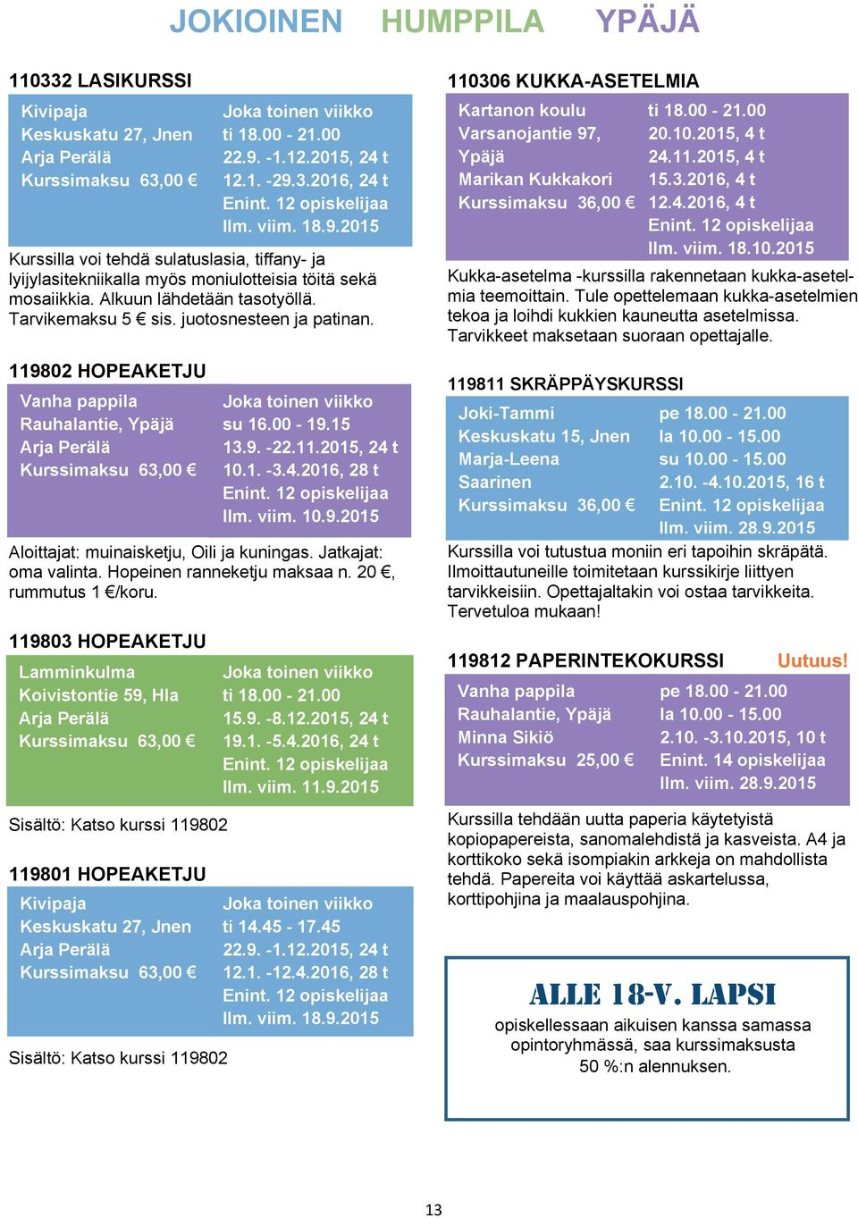 119802 HOPEAKETJU Kivipaja Keskuskatu 27, Jnen Arja Perälä su 16.00-19.15 13.9. -22.11.2015, 24 t 10.1. -3.4.2016, 28 t Ilm. viim. 10.9.2015 Aloittajat: muinaisketju, Oili ja kuningas.