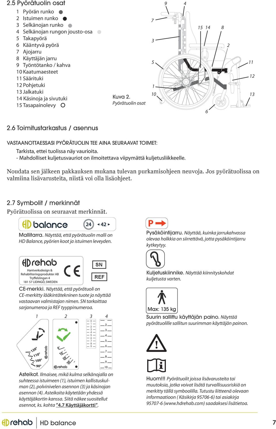 6 Toimitustarkastus / asennus VASTAANOTTAESSASI PYÖRÄTUOLIN TEE AINA SEURAAVAT TOIMET: Tarkista, ettei tuolissa näy vaurioita.