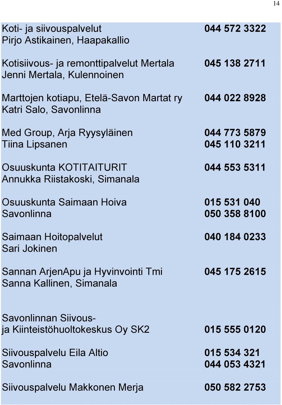 Riistakoski, Simanala Osuuskunta Saimaan Hoiva 015 531 040 Savonlinna 050 358 8100 Saimaan Hoitopalvelut 040 184 0233 Sari Jokinen Sannan ArjenApu ja Hyvinvointi Tmi 045 175 2615