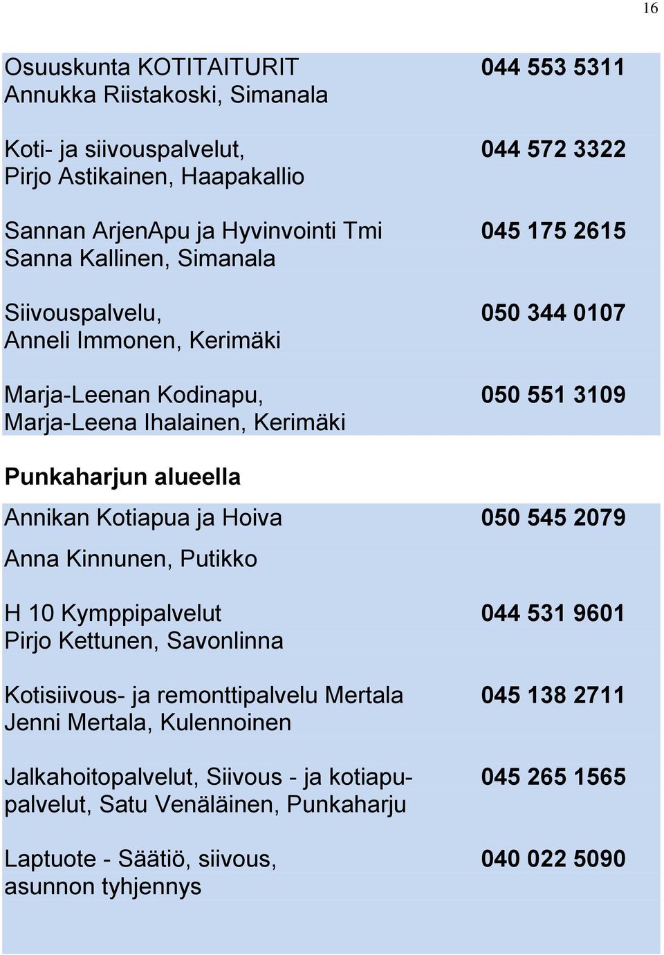 alueella Annikan Kotiapua ja Hoiva 050 545 2079 Anna Kinnunen, Putikko H 10 Kymppipalvelut 044 531 9601 Pirjo Kettunen, Savonlinna Kotisiivous- ja remonttipalvelu Mertala 045