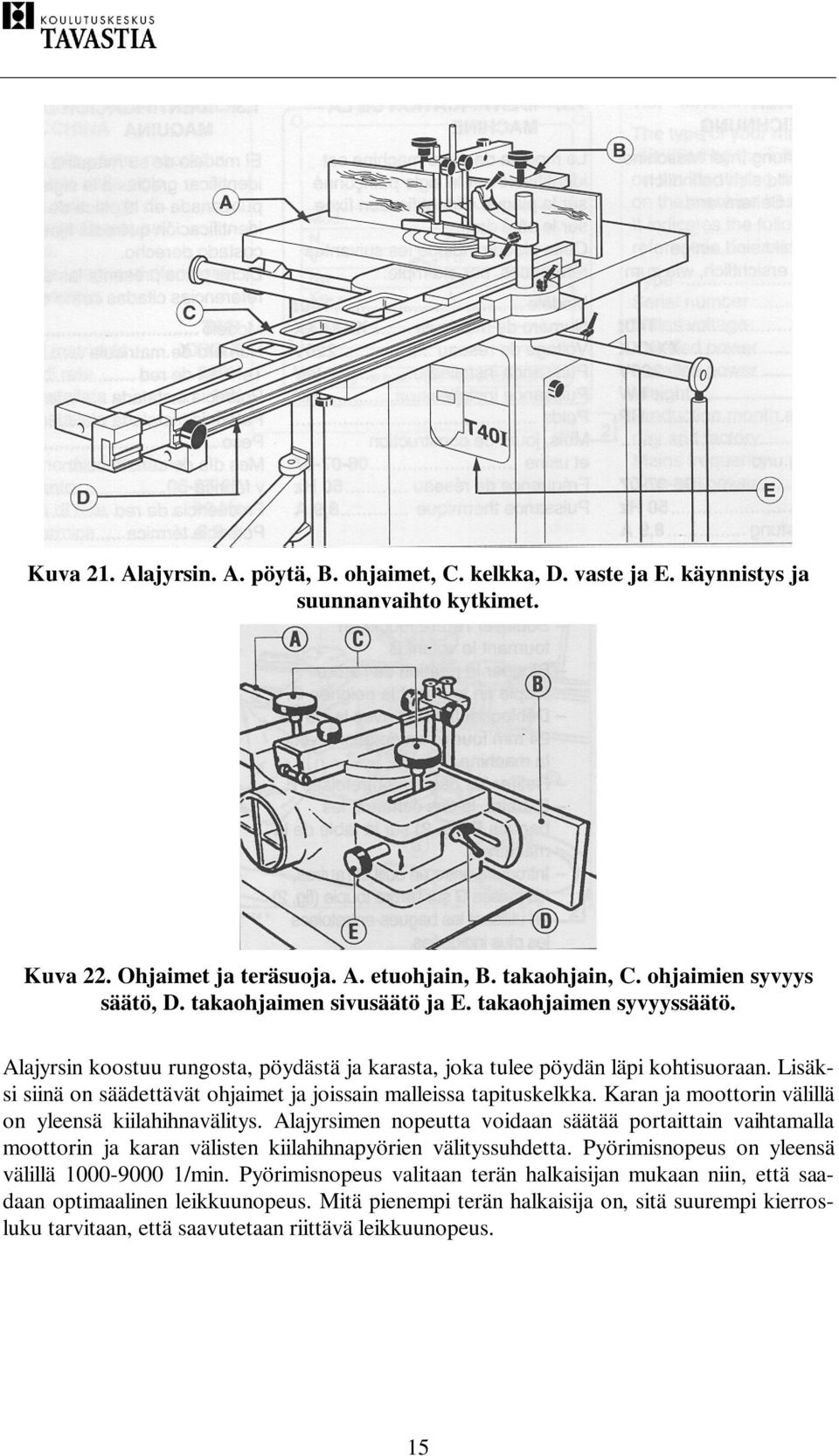 Lisäksi siinä on säädettävät ohjaimet ja joissain malleissa tapituskelkka. Karan ja moottorin välillä on yleensä kiilahihnavälitys.