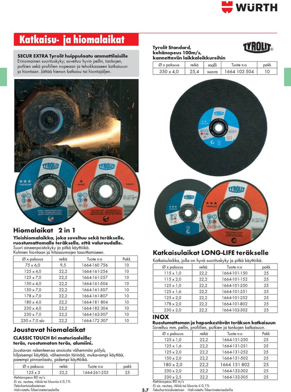 Tyrolit Standard, kehänopeus 100m/s, kannettaviin laikkaleikkureihin Ø x paksuus reikä malli Tuote n:o pakk 350 x 4,0 25,4 suora 1664 103 504 10 Hiomalaikat 2 in 1 Yleishiomalaikka, joka soveltuu