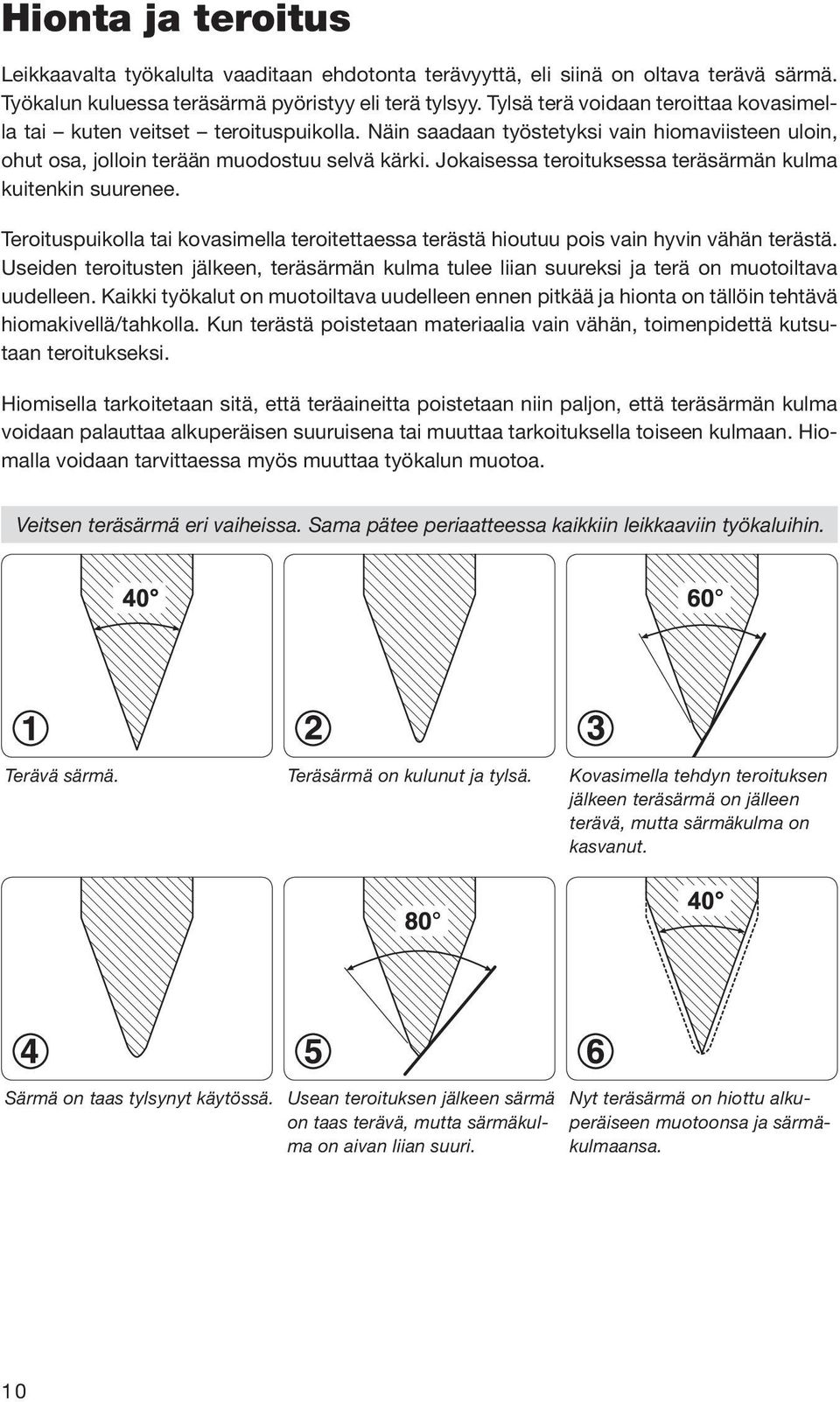 Jokaisessa teroituksessa teräsärmän kulma kuitenkin suurenee. Teroituspuikolla tai kovasimella teroitettaessa terästä hioutuu pois vain hyvin vähän terästä.