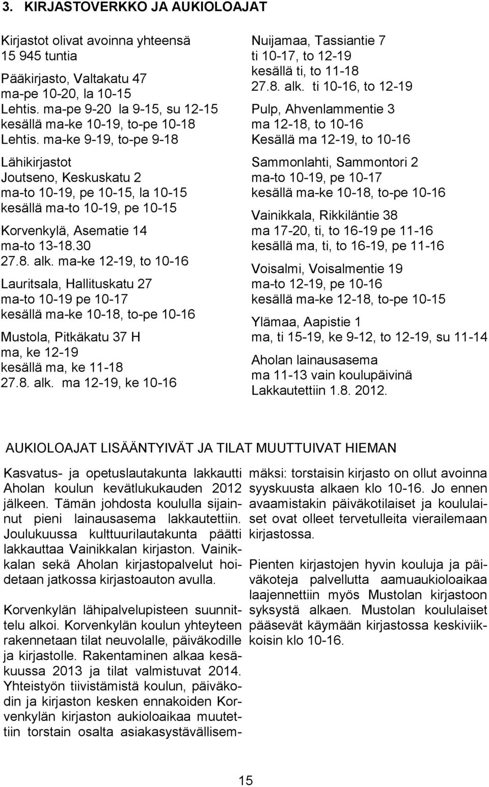 ma-ke 9-19, to-pe 9-18 Lähikirjastot Joutseno, Keskuskatu 2 ma-to 10-19, pe 10-15, la 10-15 kesällä ma-to 10-19, pe 10-15 Korvenkylä, Asematie 14 ma-to 13-18.30 27.8. alk.