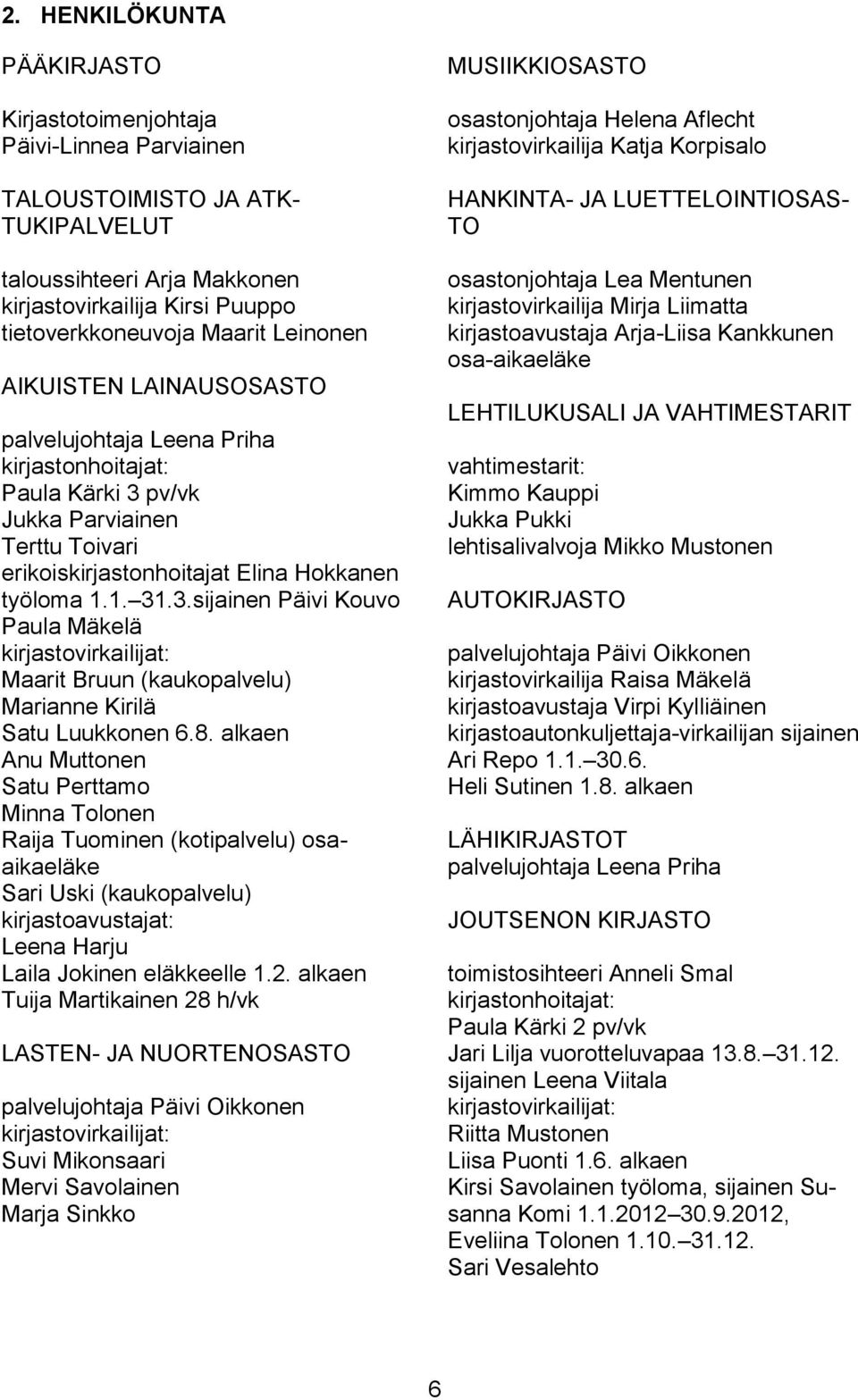 pv/vk Jukka Parviainen Terttu Toivari erikoiskirjastonhoitajat Elina Hokkanen työloma 1.1. 31