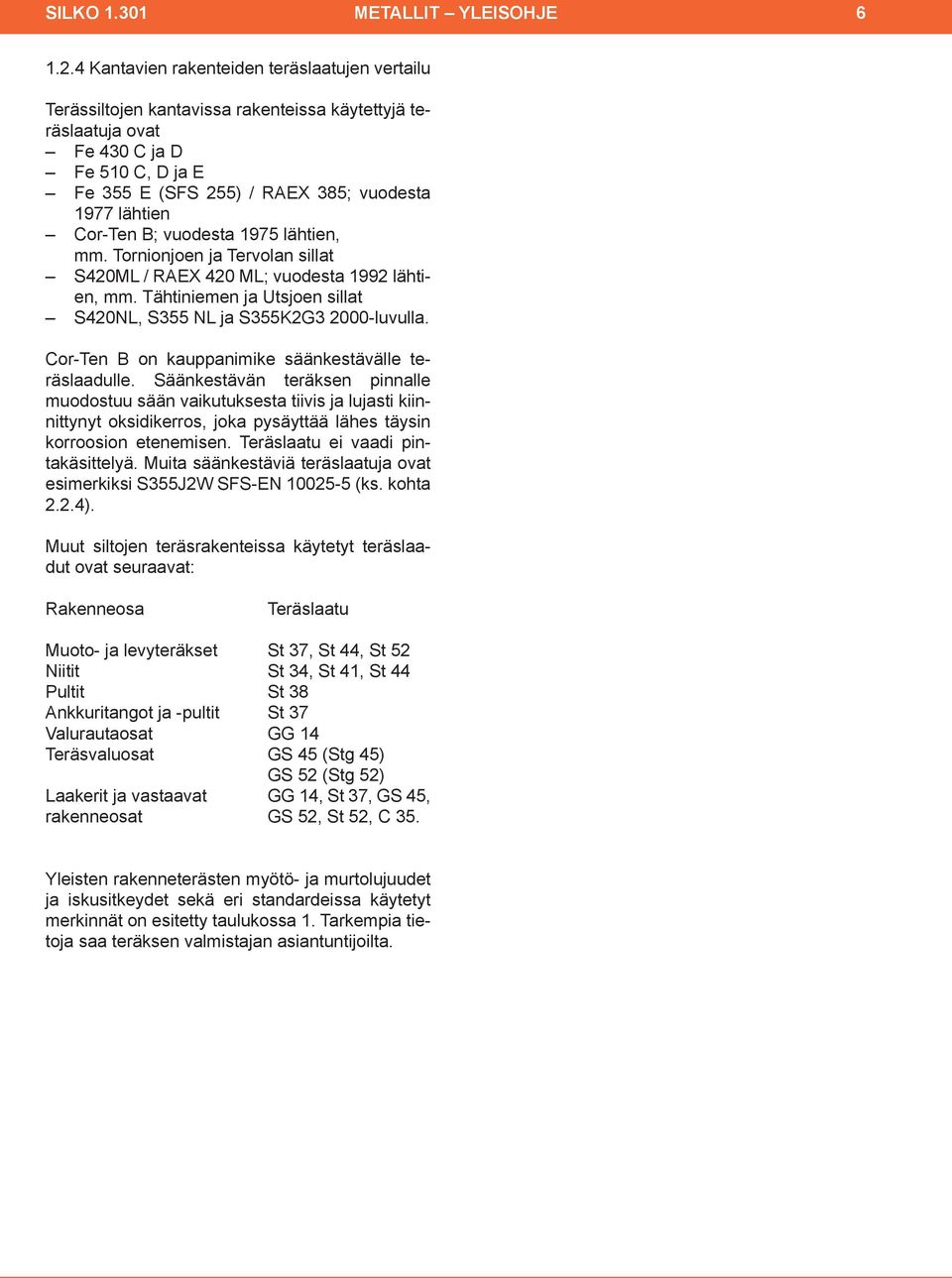 CorTen B; vuodesta 1975 lähtien, mm. Tornionjoen ja Tervolan sillat S420ML / RAEX 420 ML; vuodesta 1992 lähtien, mm. Tähtiniemen ja Utsjoen sillat S420NL, S355 NL ja S355K2G3 2000luvulla.