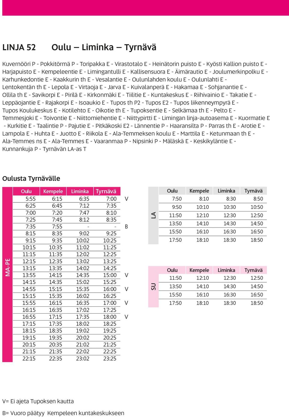 Kuivalanperä E - Hakamaa E - Sohjanantie E - Ollila th E - Savikorpi E - Pirilä E - Kirkonmäki E - Tiilitie E - Kuntakeskus E - Riihivainio E - Takatie E - Leppäojantie E - Rajakorpi E - Isoaukio E -