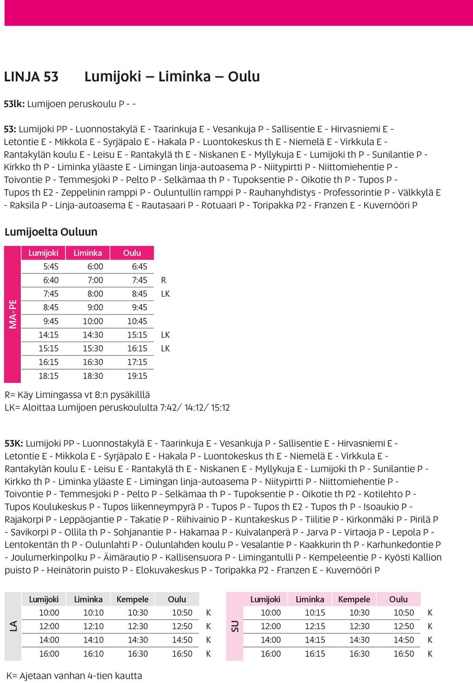 Limingan linja-autoasema P - Niitypirtti P - Niittomiehentie P - Toivontie P - Temmesjoki P - Pelto P - Selkämaa th P - Tupoksentie P - Oikotie th P - Tupos P - Tupos th E2 - Zeppelinin ramppi P -