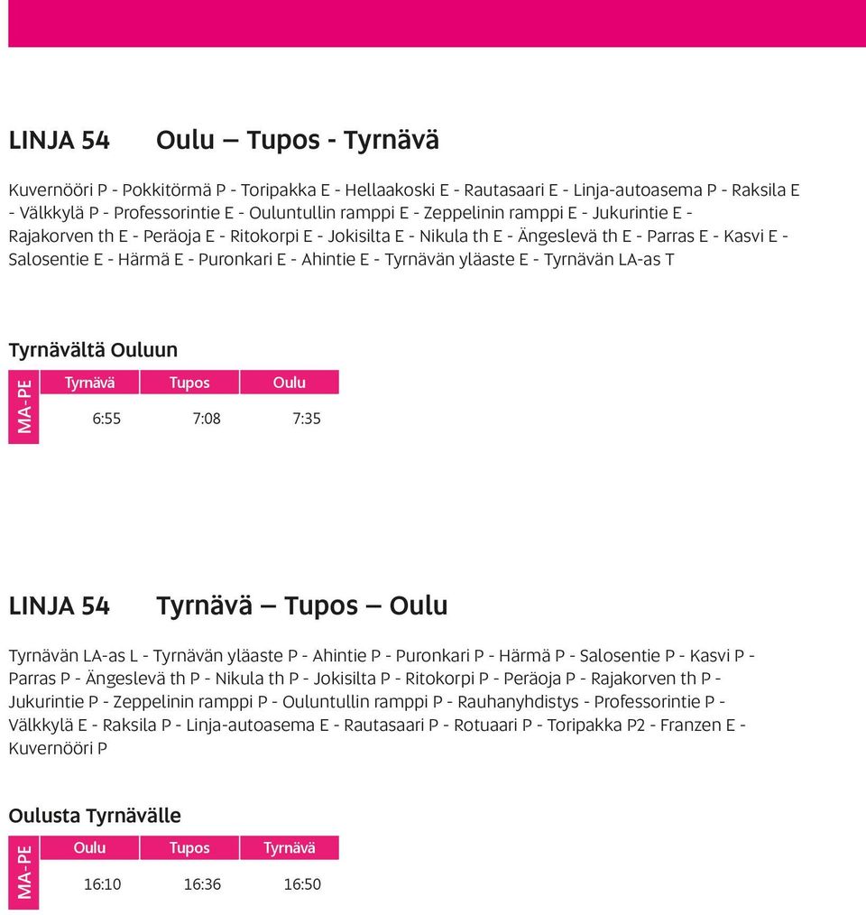 Tyrnävän yläaste E - Tyrnävän LA-as T Tyrnävältä Ouluun Tyrnävä Tupos Oulu 6:55 7:08 7:35 LINJA 54 Tyrnävä Tupos Oulu Tyrnävän LA-as L - Tyrnävän yläaste P - Ahintie P - Puronkari P - Härmä P -