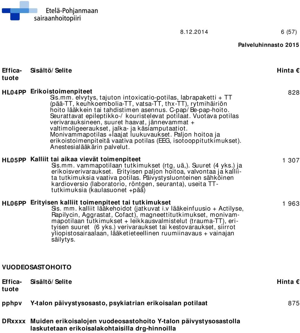 Seurattavat epileptikko-/ kouristelevat potilaat. Vuotava potilas verivarauksineen, suuret haavat, jännevammat + valtimoligeeraukset, jalka- ja käsiamputaatiot. Monivammapotilas +laajat luukuvaukset.