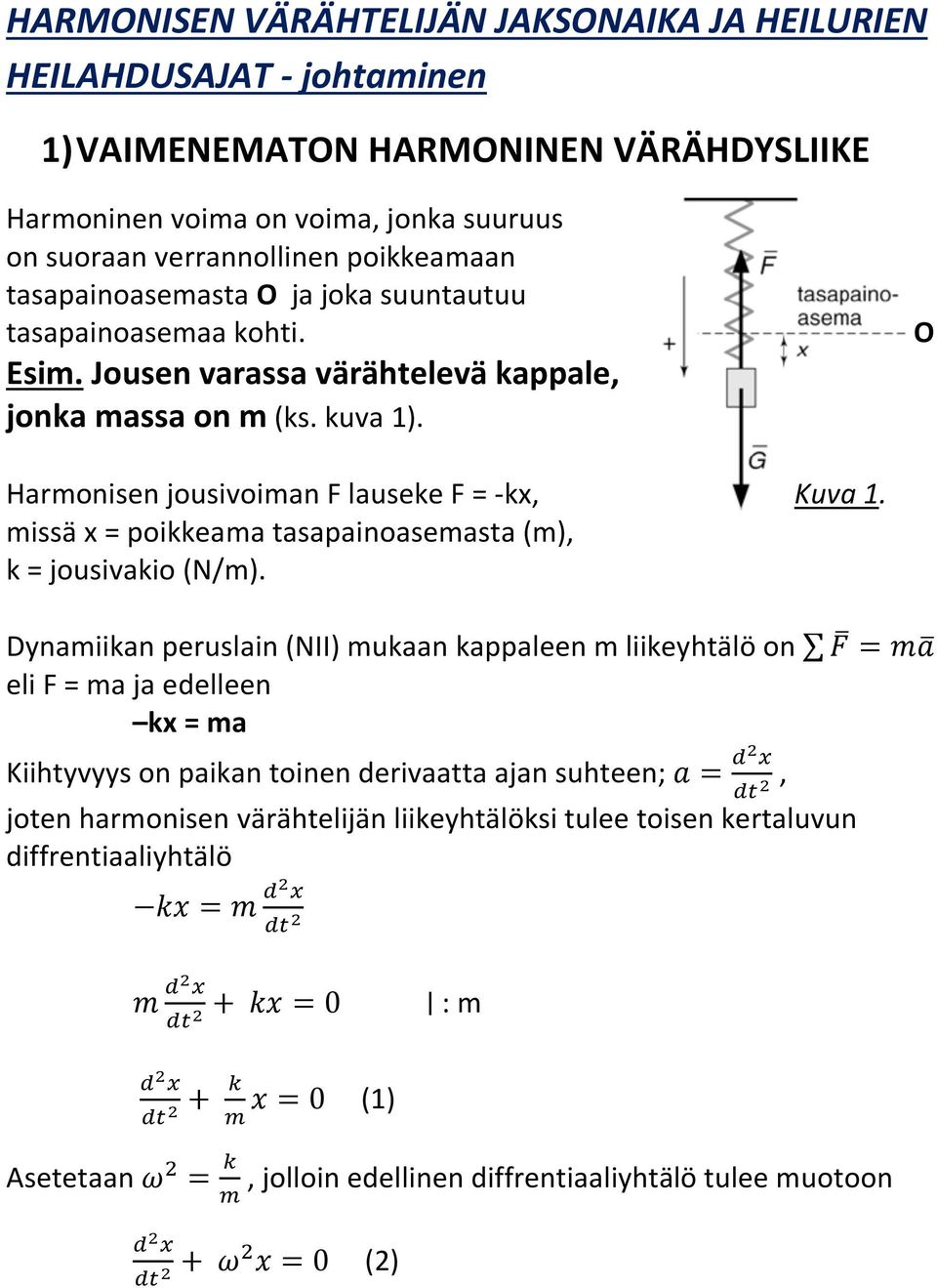 O Harmonisen jousivoiman F lauseke F = -kx, Kuva 1. missä x = poikkeama tasapainoasemasta (m), k = jousivakio (N/m).