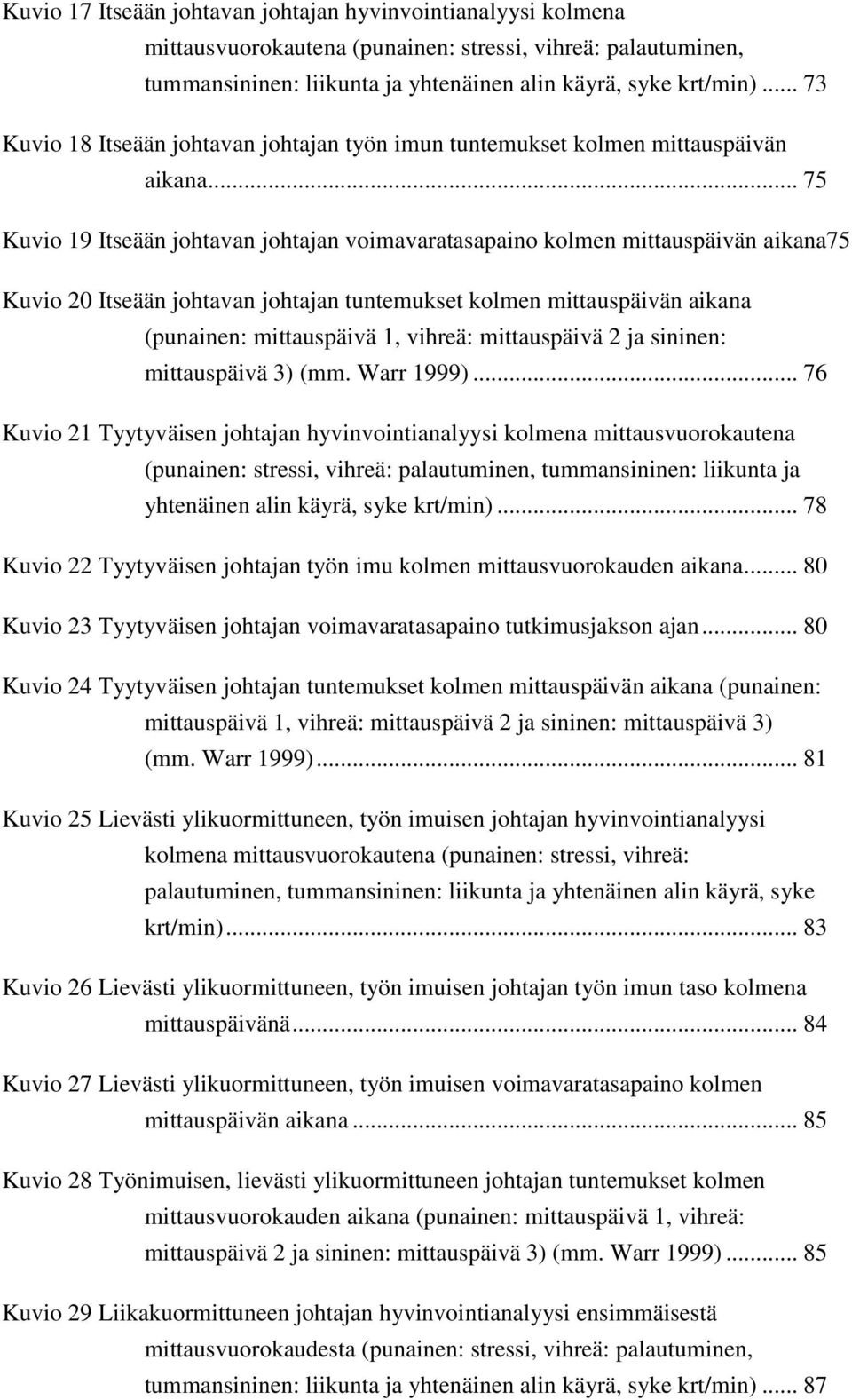 .. 75 Kuvio 19 Itseään johtavan johtajan voimavaratasapaino kolmen mittauspäivän aikana75 Kuvio 20 Itseään johtavan johtajan tuntemukset kolmen mittauspäivän aikana (punainen: mittauspäivä 1, vihreä: