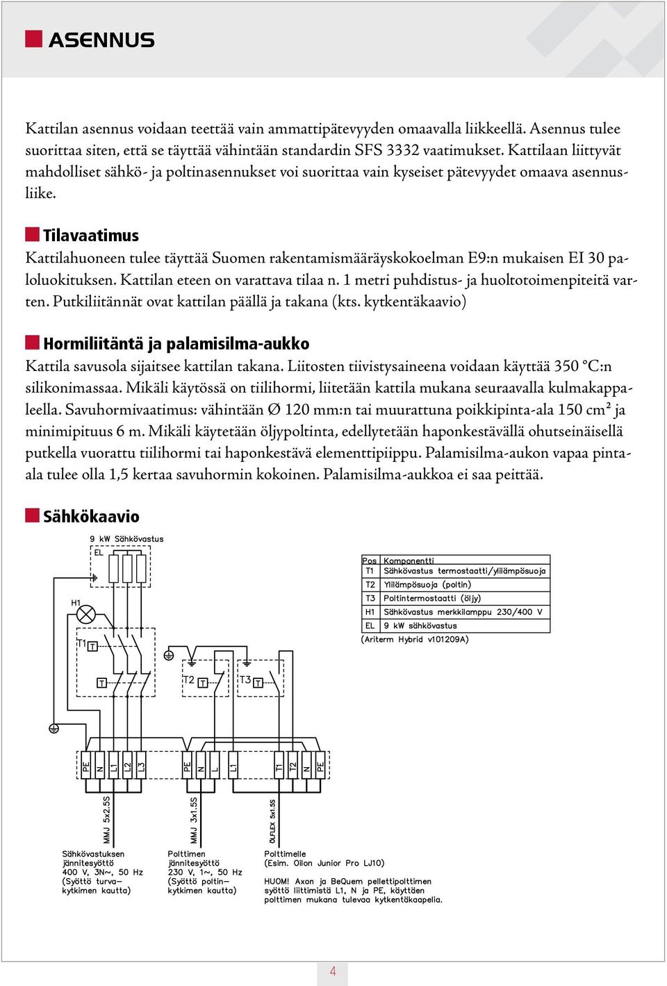 Tilavaatimus Kattilahuoneen tulee täyttää Suomen rakentamismääräyskokoelman E9:n mukaisen EI 30 paloluokituksen. Kattilan eteen on varattava tilaa n. 1 metri puhdistus- ja huoltotoimenpiteitä varten.