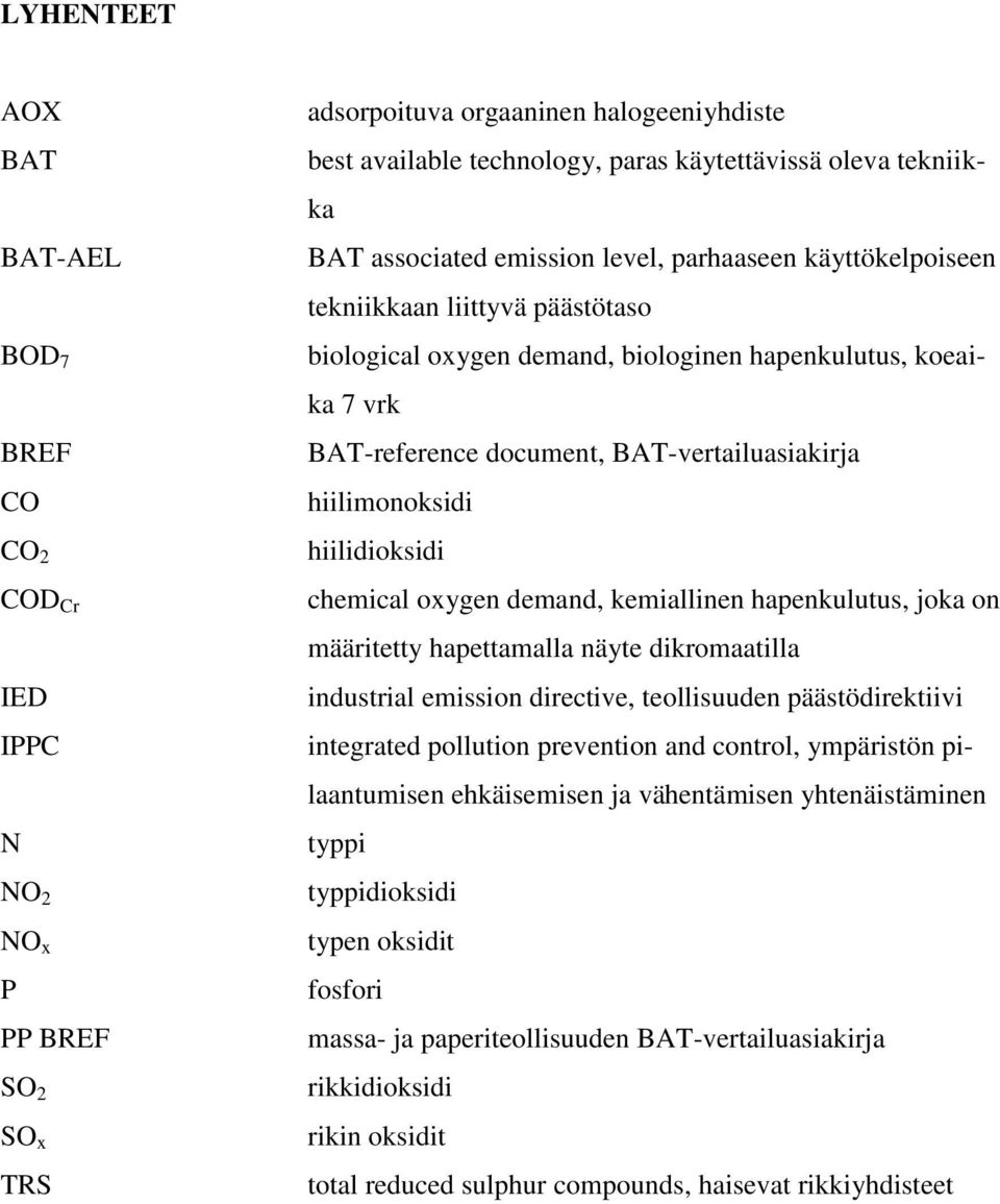 BAT-vertailuasiakirja hiilimonoksidi hiilidioksidi chemical oxygen demand, kemiallinen hapenkulutus, joka on määritetty hapettamalla näyte dikromaatilla industrial emission directive, teollisuuden