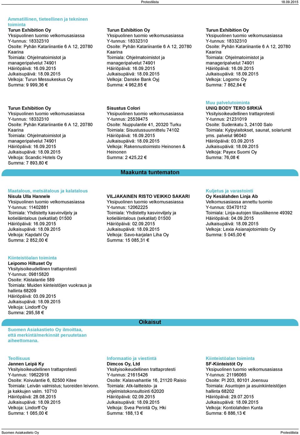 Exhibition Oy Y-tunnus: 18332310 Osoite: Pyhän Katariinantie 6 A 12, 20780 Kaarina Toimiala: Ohjelmatoimistot ja manageripalvelut 74901 Velkoja: Danske Bank Oyj Summa: 4 962,85 Turun Exhibition Oy