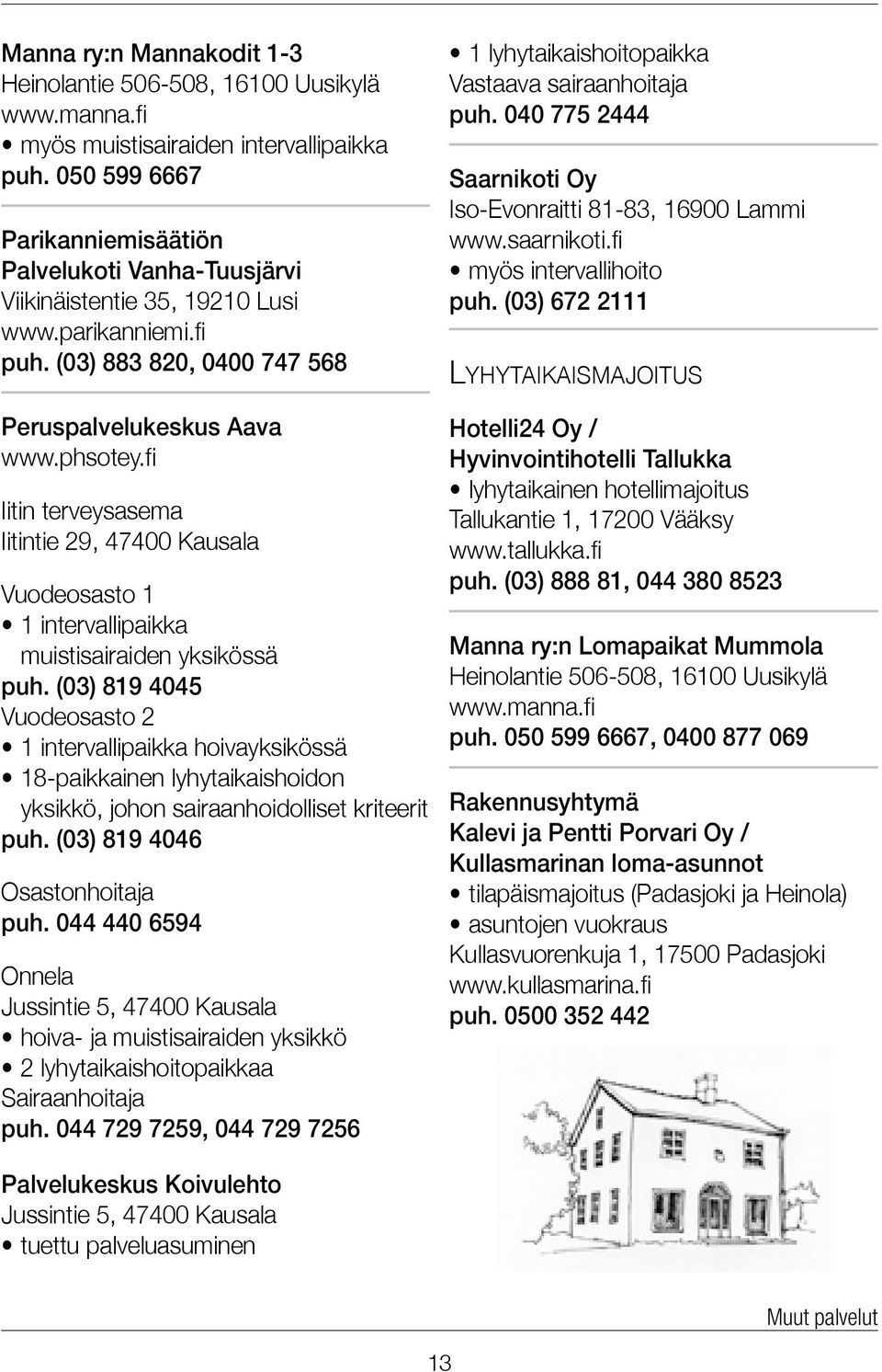 (03) 883 820, 0400 747 568 Peruspalvelukeskus Aava Iitin terveysasema Iitintie 29, 47400 Kausala Vuodeosasto 1 1 intervallipaikka muistisairaiden yksikössä puh.