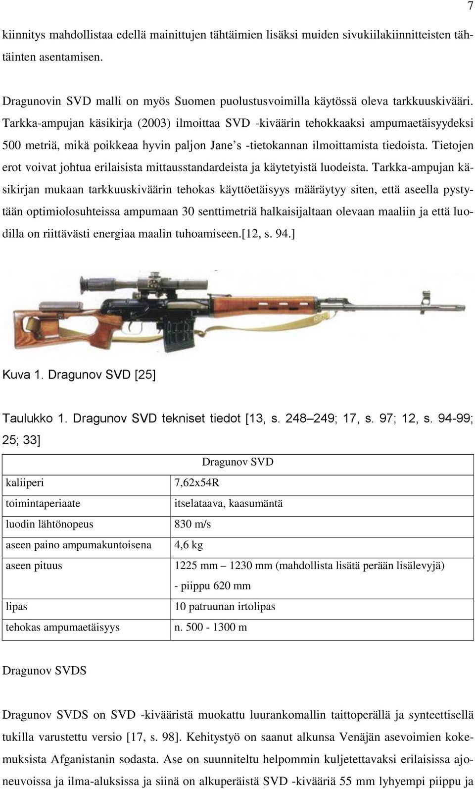 Tarkka-ampujan käsikirja (2003) ilmoittaa SVD -kiväärin tehokkaaksi ampumaetäisyydeksi 500 metriä, mikä poikkeaa hyvin paljon Jane s -tietokannan ilmoittamista tiedoista.