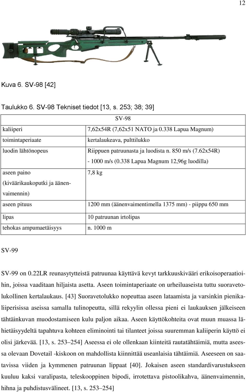 338 Lapua Magnum 12,96g luodilla) aseen paino 7,8 kg (kiväärikaukoputki ja äänenvaimennin) aseen pituus 1200 mm (äänenvaimentimella 1375 mm) - piippu 650 mm lipas tehokas ampumaetäisyys 10 patruunan