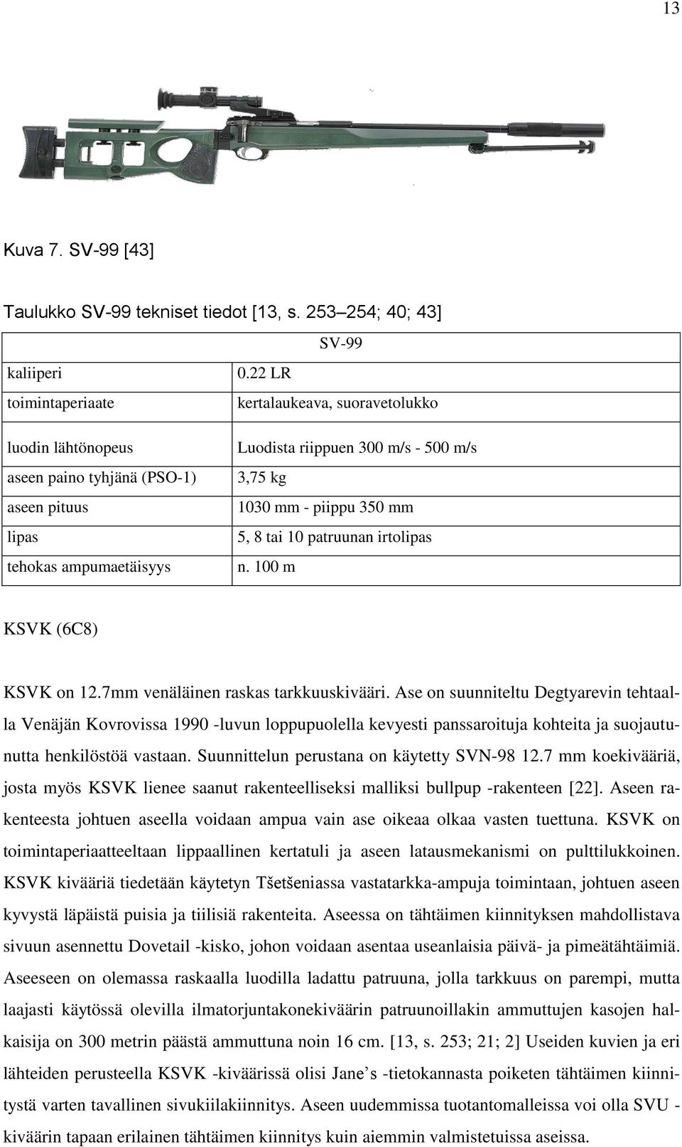 piippu 350 mm 5, 8 tai 10 patruunan irtolipas n. 100 m KSVK (6C8) KSVK on 12.7mm venäläinen raskas tarkkuuskivääri.