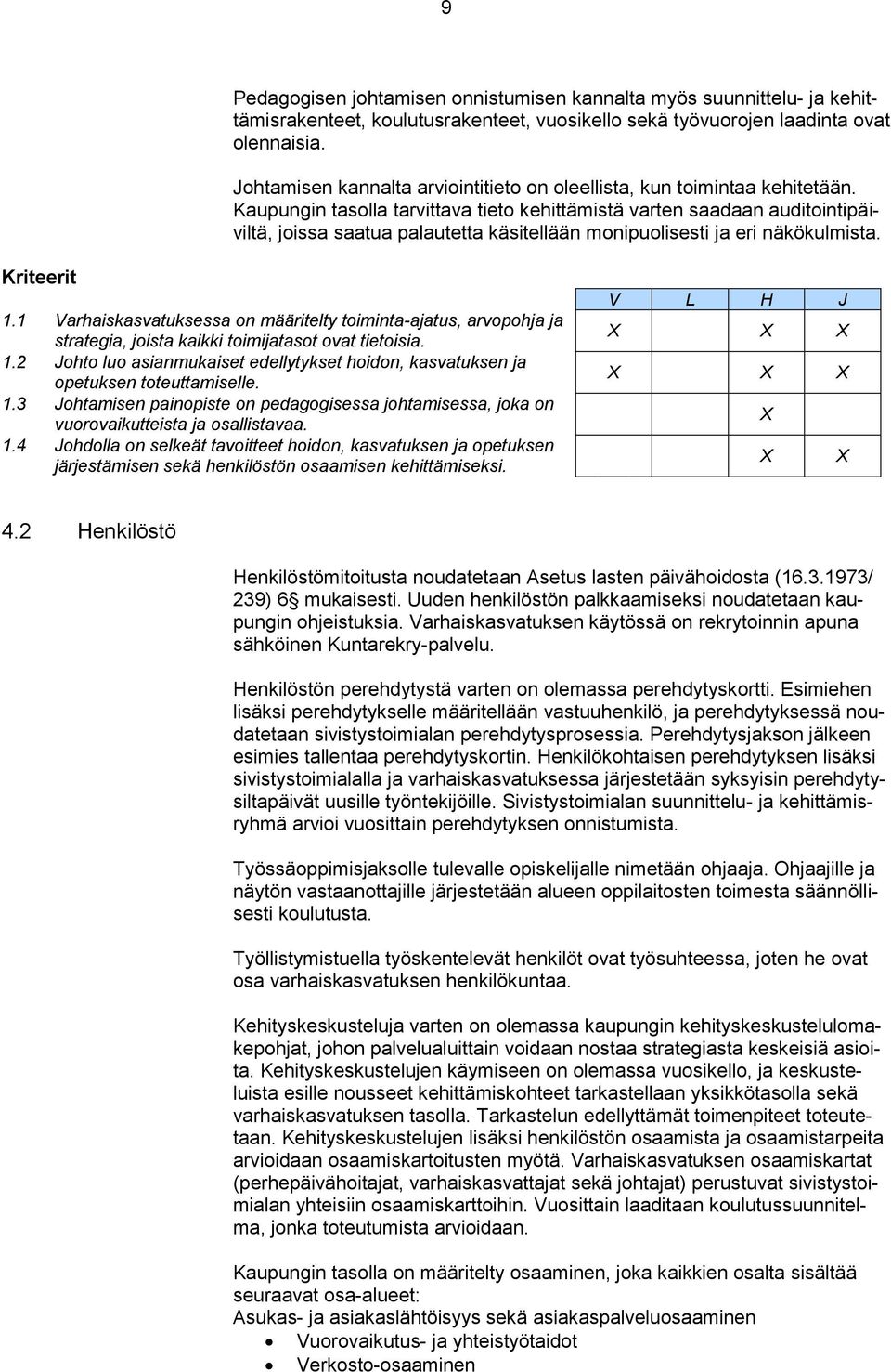 Kaupungin tasolla tarvittava tieto kehittämistä varten saadaan auditointipäiviltä, joissa saatua palautetta käsitellään monipuolisesti ja eri näkökulmista. Kriteerit 1.