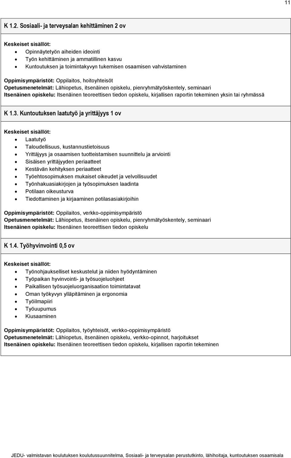 Oppilaitos, hoitoyhteisöt Opetusmenetelmät: Lähiopetus, itsenäinen opiskelu, pienryhmätyöskentely, seminaari Itsenäinen opiskelu: Itsenäinen teoreettisen tiedon opiskelu, kirjallisen raportin