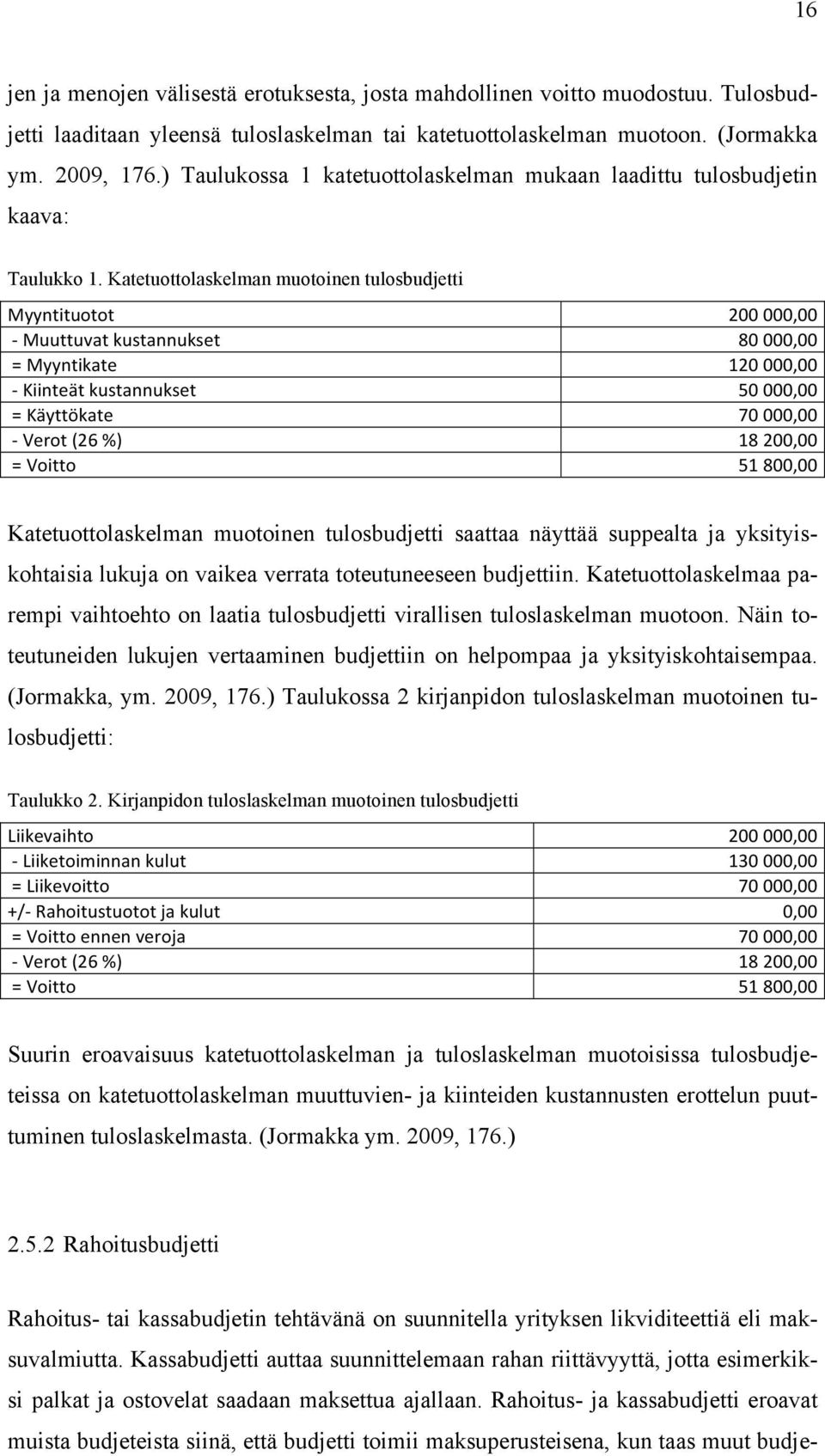 Katetuottolaskelman muotoinen tulosbudjetti Myyntituotot 200 000,00 - Muuttuvat kustannukset 80 000,00 = Myyntikate 120 000,00 - Kiinteät kustannukset 50 000,00 = Käyttökate 70 000,00 - Verot (26 %)