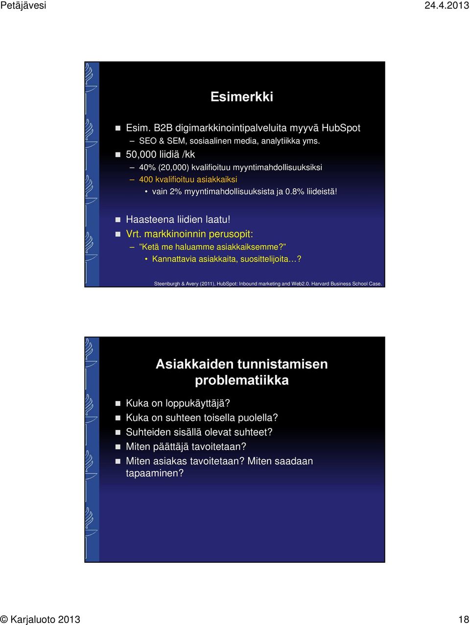 markkinoinnin perusopit: Ketä me haluamme asiakkaiksemme? Kannattavia asiakkaita, suosittelijoita? Steenburgh & Avery (2011), HubSpot: Inbound marketing and Web2.0. Harvard Business School Case.