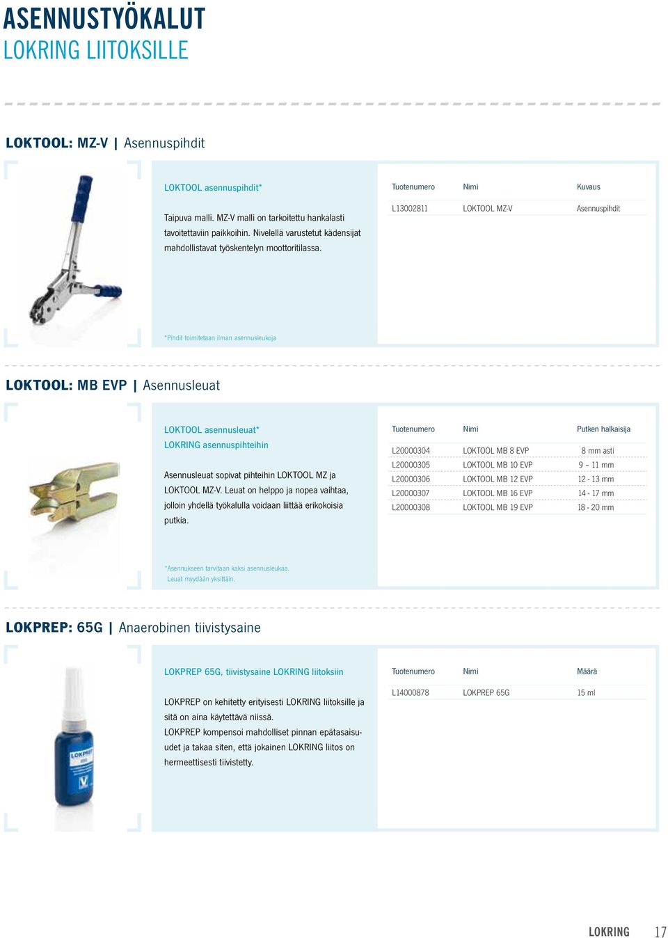 Tuotenumero Nimi Kuvaus L13002811 LOKTOOL MZ-V Asennuspihdit *Pihdit toimitetaan ilman asennusleukoja LOKTOOL: MB EVP Asennusleuat LOKTOOL asennusleuat* LOKRING asennuspihteihin Asennusleuat sopivat